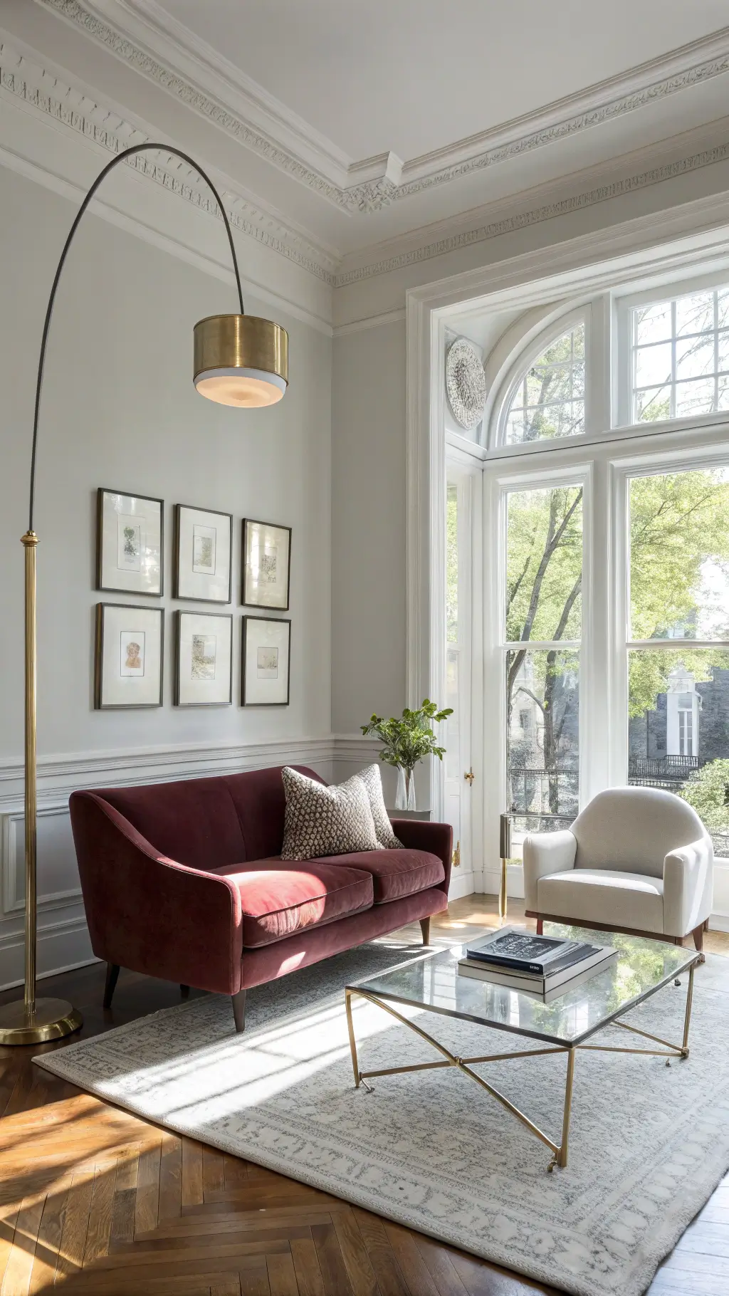 A bright, elegant living room with high ceilings and floor-to-ceiling windows. A burgundy velvet armchair sits at an angle beneath a sleek chrome floor lamp. A minimalist white sofa faces it, separated by a geometric glass coffee table. Vintage gold-framed mirrors adorn pale grey walls, reflecting warm morning light.