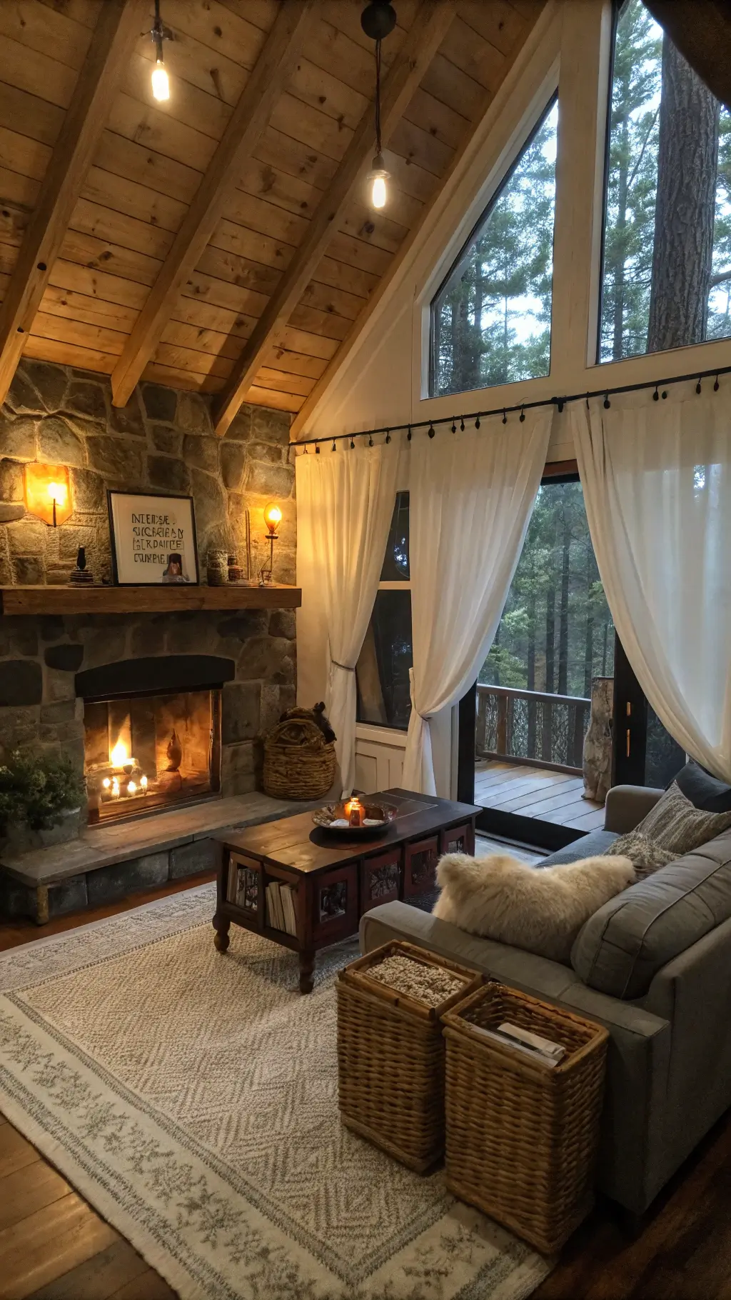 Cozy cabin living room with vaulted pine ceiling at dusk.