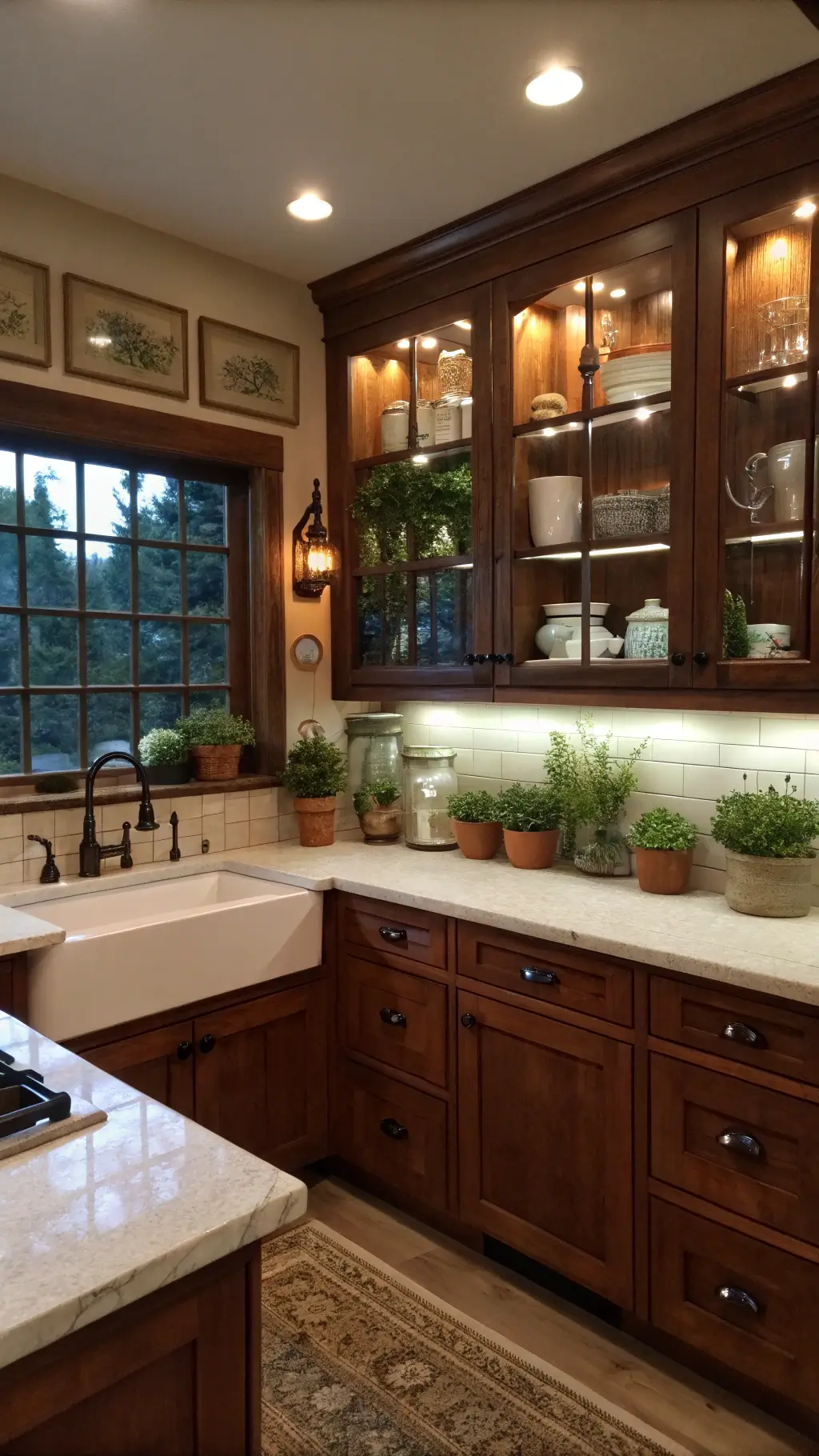 Warmly lit traditional kitchen with cherry cabinets, quartz countertops, and vintage bronze hardware. Open shelving holds white ceramics and glass canisters, while fresh herbs in terracotta pots line the windowsill. Moody lighting highlights the wood grain, focusing on the central workspace.