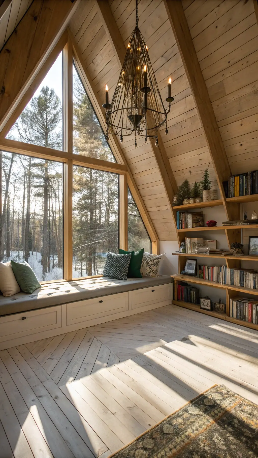 A cozy A-frame cabin retreat with dramatic windows casting geometric shadows on plank flooring.