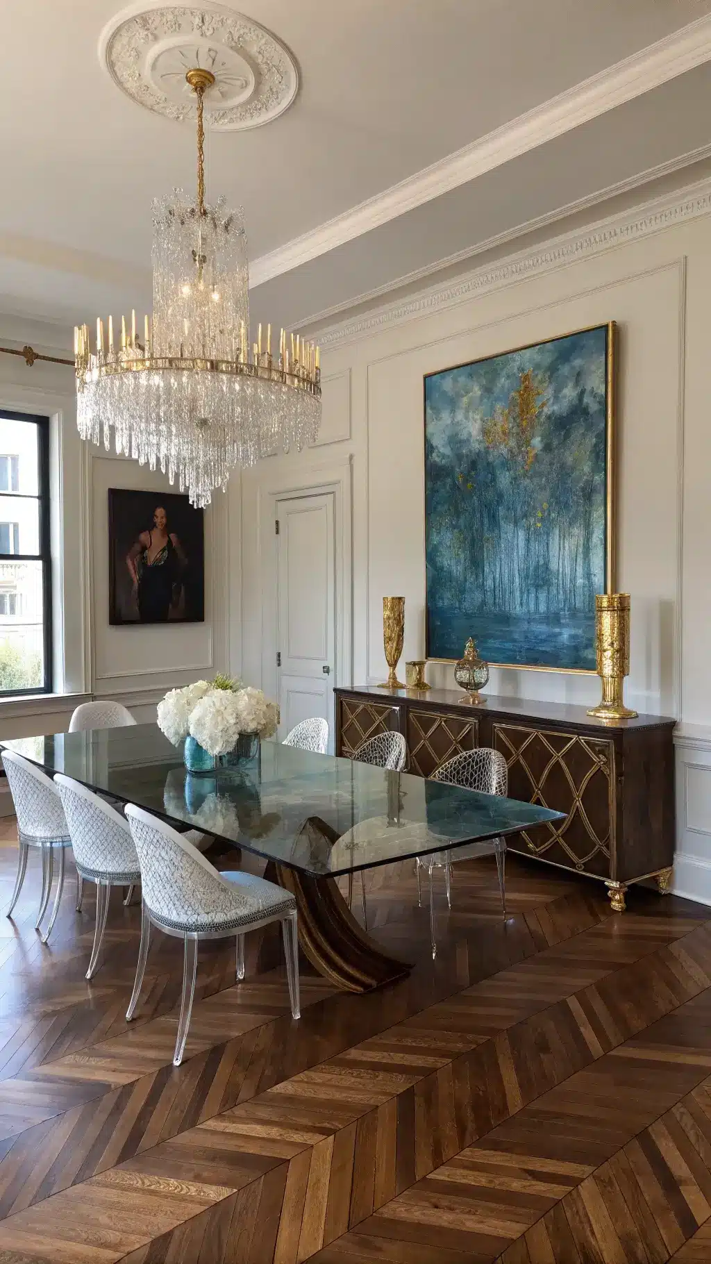 Elegant dining room with herringbone hardwood floors, a 1940s crystal chandelier over a modern glass table, and ghost chairs contrasting with a Victorian walnut sideboard. A large abstract blue and gold canvas adorns one wall, with brass candlesticks and white ceramic vessels as decor. Dramatic lighting highlights textures and details.