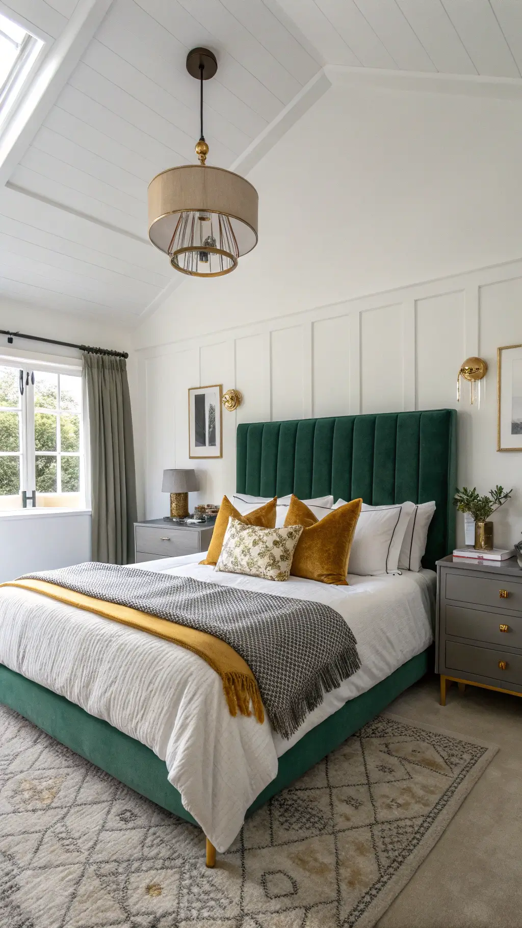 Spacious 16x18ft bedroom with an emerald velvet Art Deco headboard against crisp white walls. Asymmetrical brass pendant lights flank the bed, which is layered with white linens, vintage silk pillows, and a gray and gold geometric throw. A mid-century modern dresser holds vintage perfume bottles and sculptural decor. Soft, diffused natural light enhances the airy ambiance.