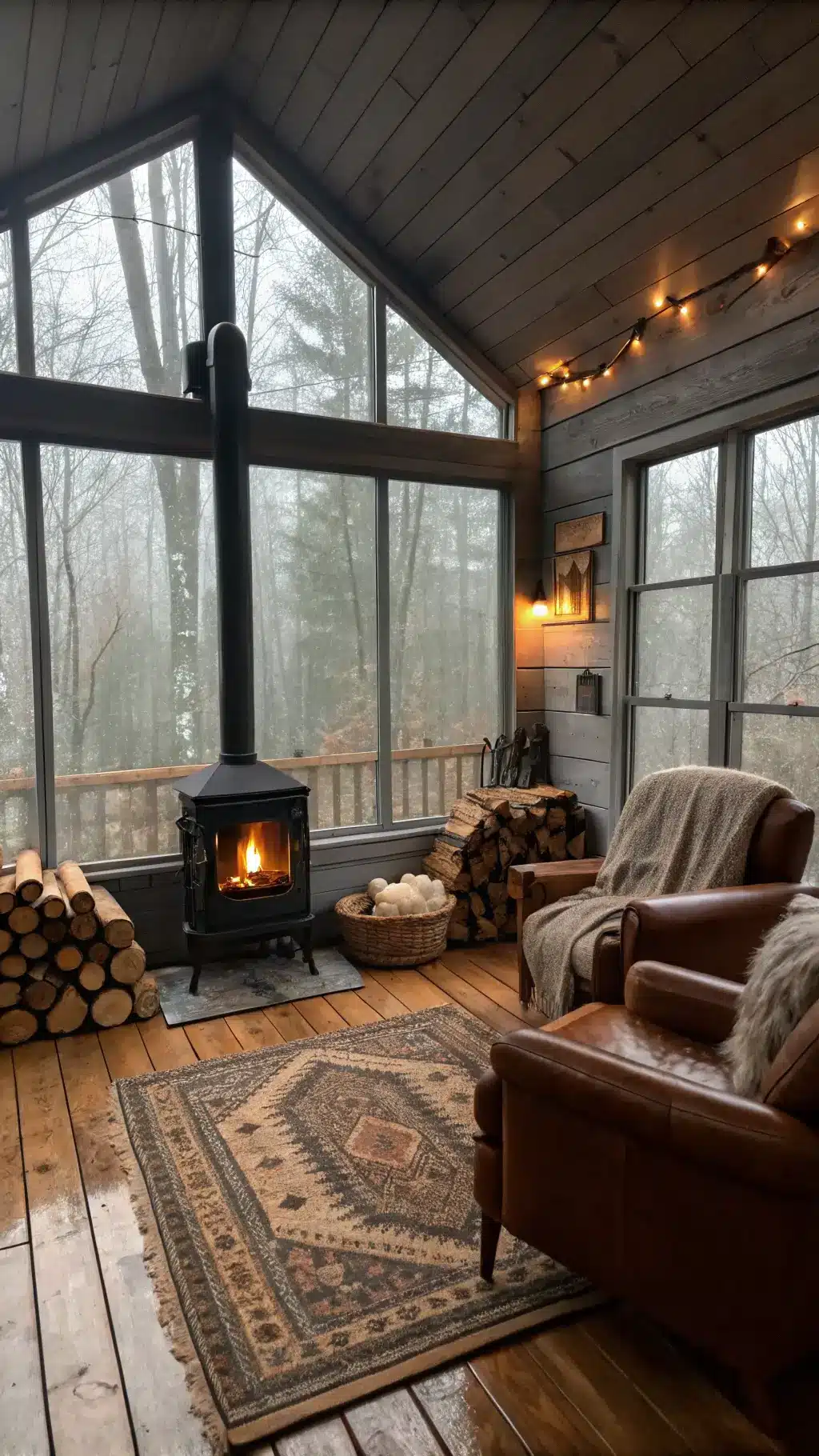 Cozy cabin interior on a rainy afternoon with wraparound windows.