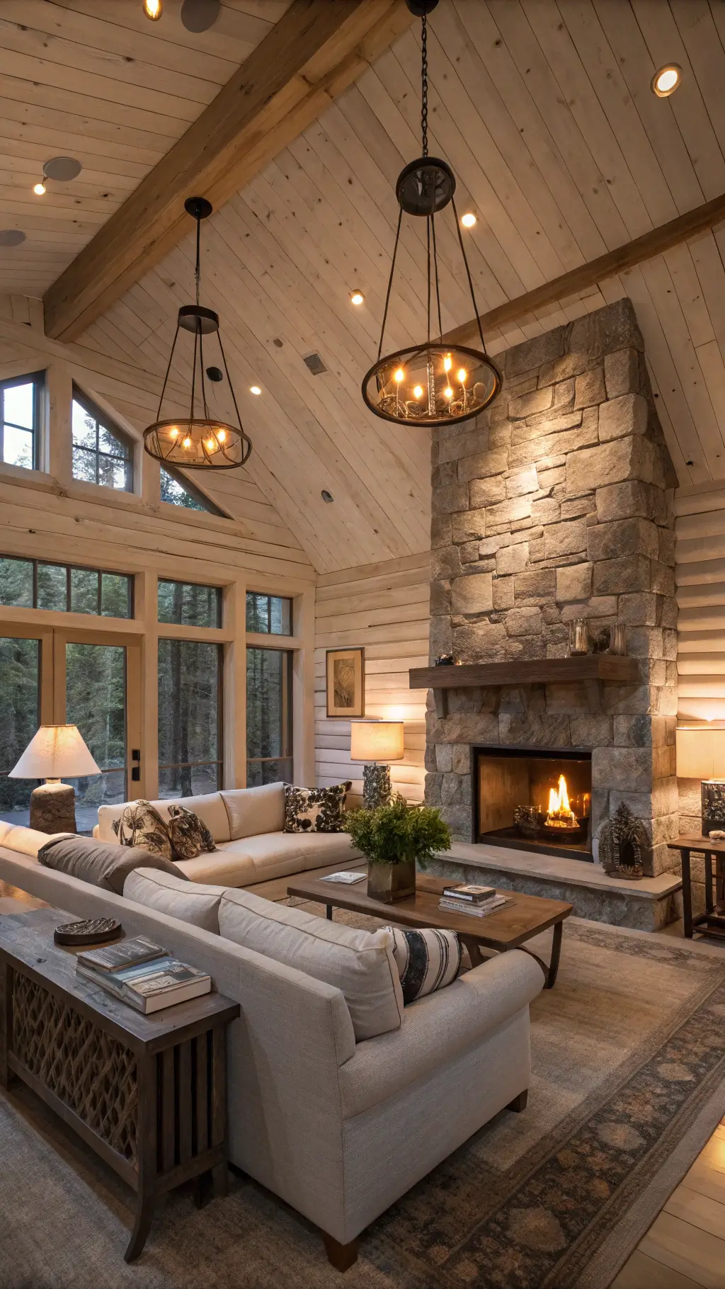 Cozy twilight cabin gathering space with whitewashed cedar walls and a stone fireplace.