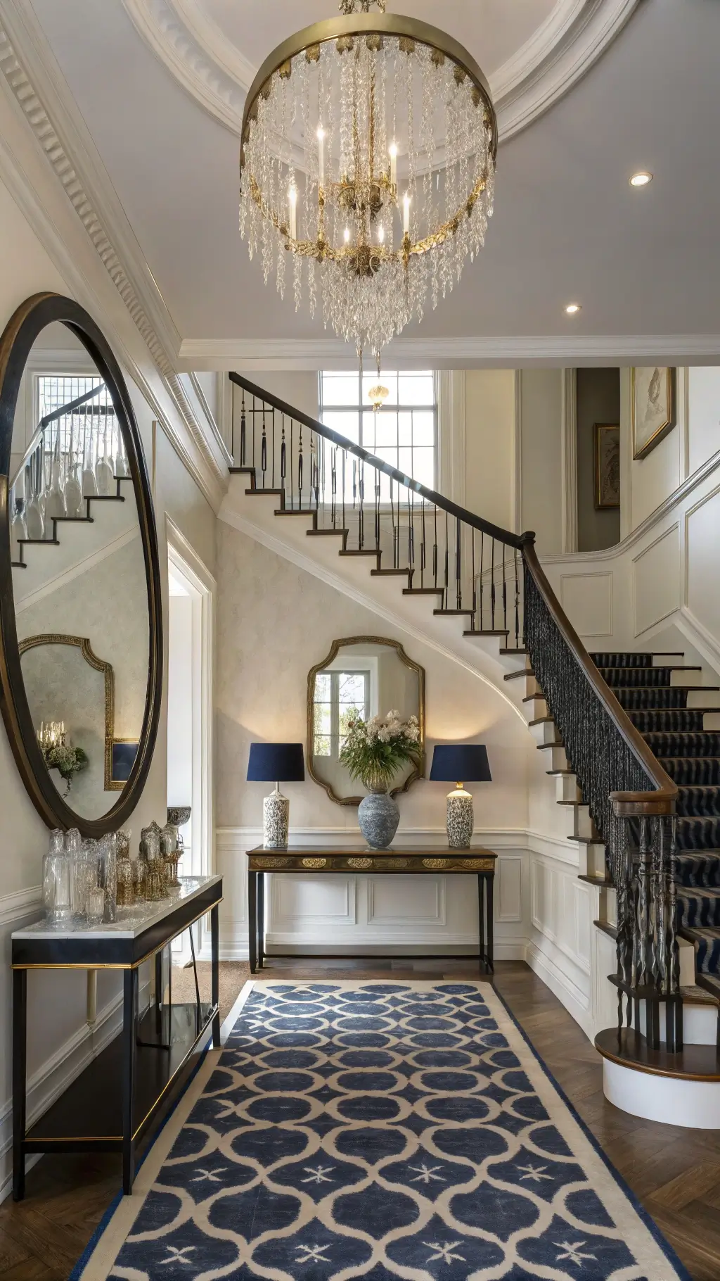 Grand entryway with restored Victorian staircase, modern circular mirror reflecting antique chandelier, brass console table with chinoiserie lamps, geometric navy and cream runner, and a mix of modern and vintage décor.