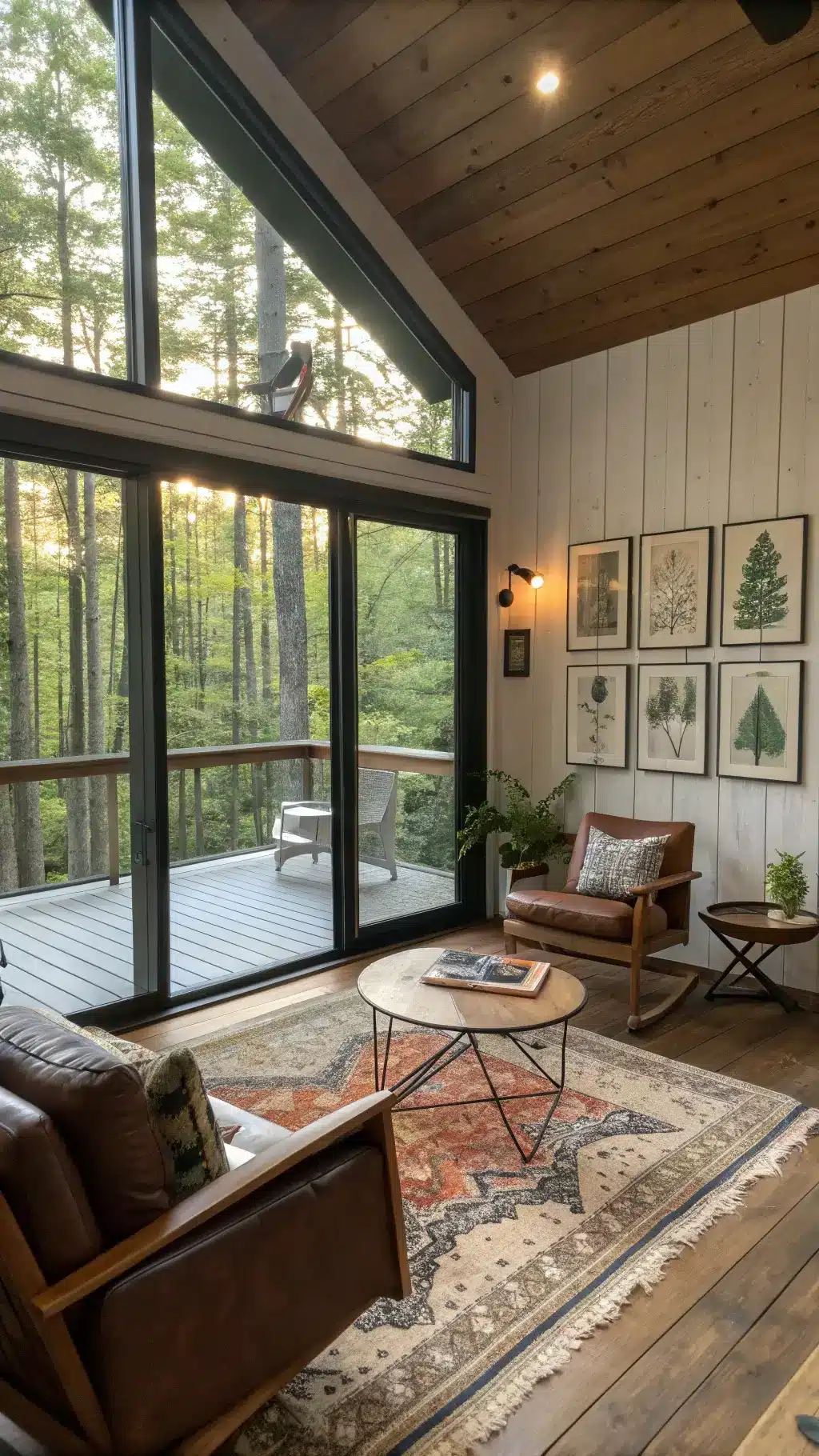 Summer cabin living space with sliding glass doors opening to a deck.