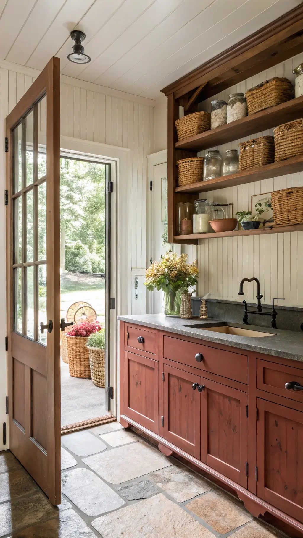 Farmhouse-inspired kitchen with cherry beadboard cabinets, soapstone counters, and a farmhouse sink. Natural light from French doors highlights open shelving with an ironstone collection. Fresh flowers in mason jars and woven baskets add charm. Shot from doorway, capturing full room depth.