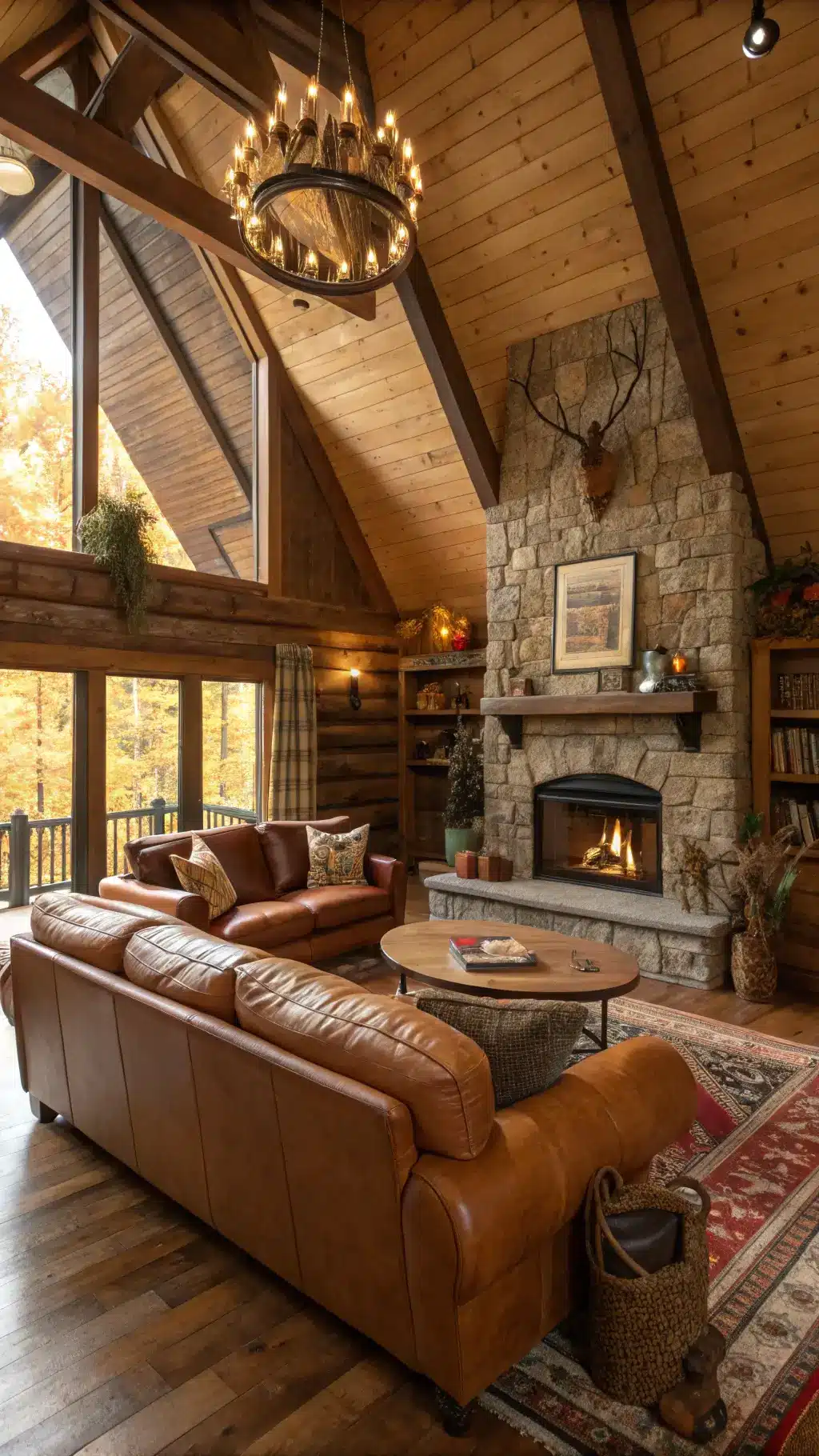 A cozy autumn cabin retreat with a 20x22 ft layout and cathedral ceiling.