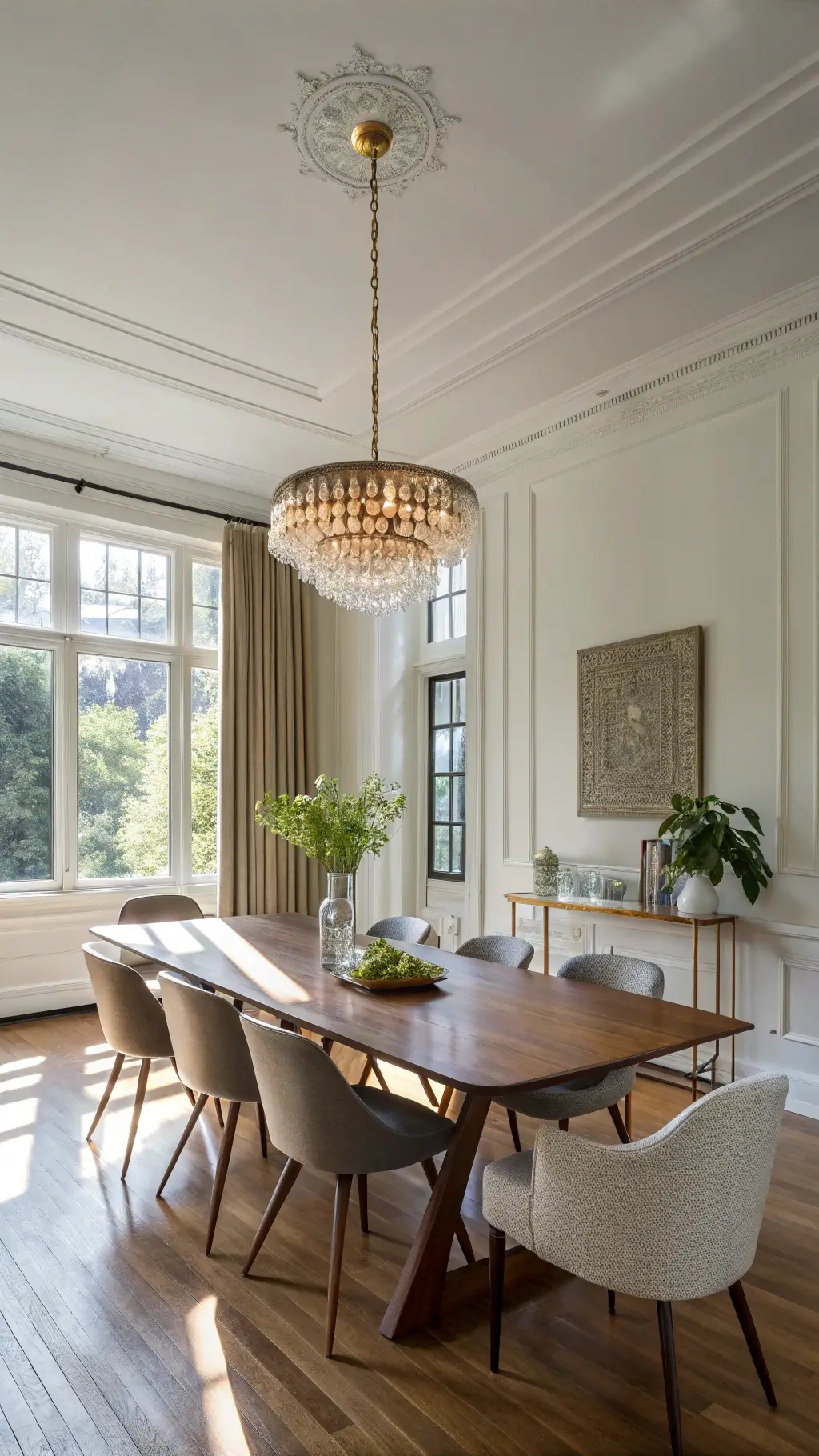 Sunlit 14'x16' dining room with 10' ceilings at golden hour, featuring a restored 1940s walnut dining table surrounded by mix-matched Danish modern chairs. A vintage crystal chandelier casts prismatic shadows over Simply White walls and original hardwood floors. Window light filters through textured linen curtains. The tablescape blends matte black ceramics, vintage cut crystal, and fresh eucalyptus in a brass vase. Burnished brass wall sconces add warm ambient lighting.