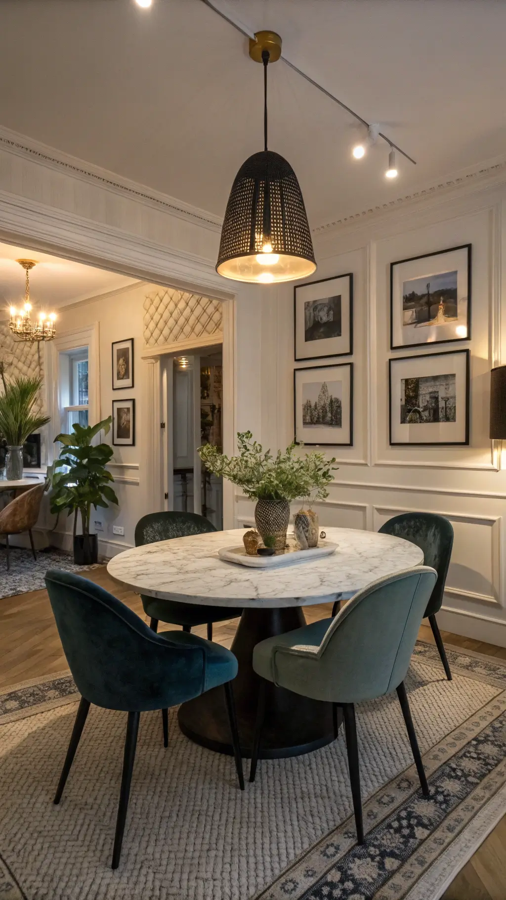 An intimate dining room at dusk with a modern oval marble table, mismatched navy and sage green velvet chairs, and a sculptural black pendant light. A weathered gilt mirror reflects warm LED-lit black and white photos on grasscloth wallpaper, framed by Simply White molding. A natural jute rug anchors the space.