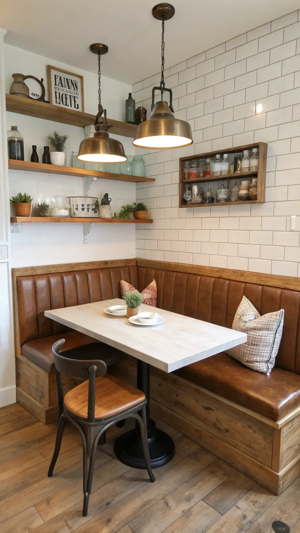 Morning light illuminates an L-shaped breakfast nook with a salvaged church pew and a modernist Saarinen table. Industrial-style metal pendants hang above distressed leather cushions. Open shelving showcases vintage pottery and minimalist serving pieces, while warm wood tones and aged brass accents contrast with a crisp white subway tile backsplash.