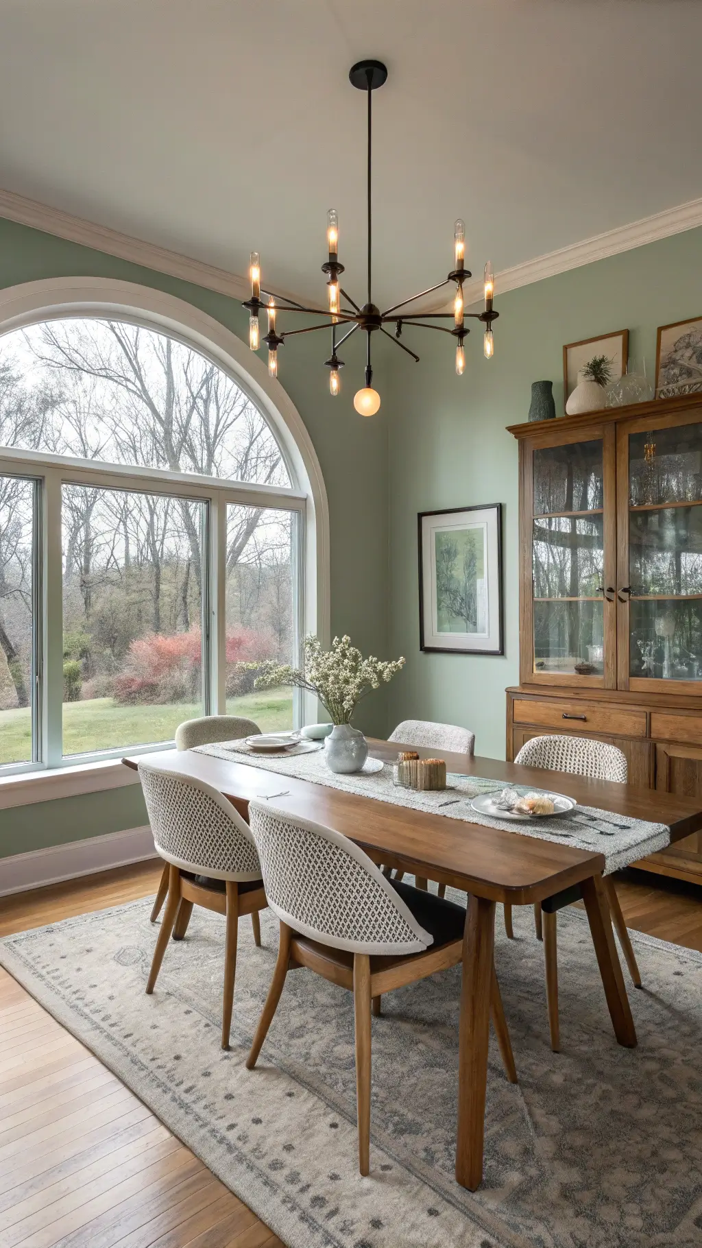 Late afternoon dining room with a mid-century teak table, vintage French linens, ghost chairs, and caned bentwood seats. A black and brass sputnik chandelier hangs overhead. An arched window and built-in china cabinets reflect prismatic light. A sage green accent wall features a large abstract canvas.