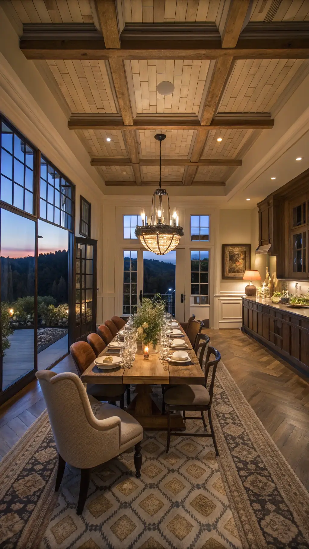 Twilight dining scene with a large weathered oak farmhouse table, surrounded by contemporary wingback and vintage Windsor chairs. Brass and glass pendants illuminate vintage copper cookware. Coffered ceilings, herringbone floors, and an antique Persian rug enhance the formal space.