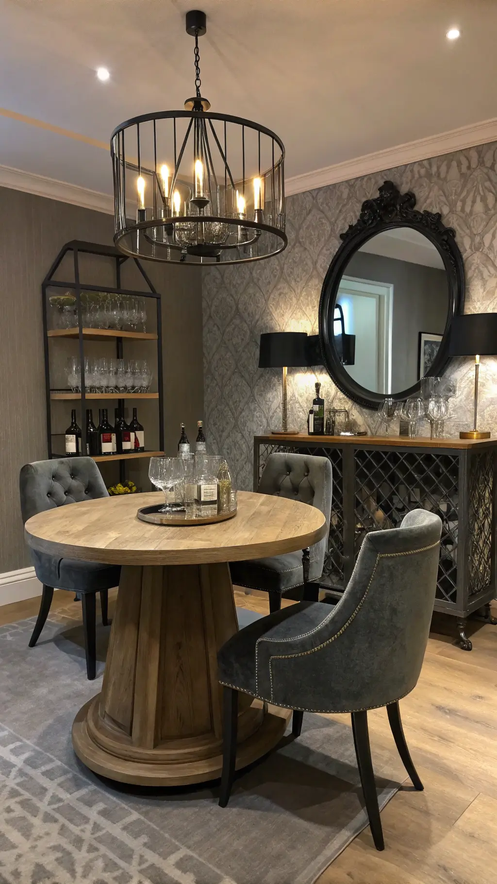Moody evening entertainment space with a round bleached oak pedestal table, surrounded by vintage dining chairs in charcoal velvet. An oversized antique mirror reflects a modern black metal chandelier. Warm gray textured wallpaper adds subtle pattern. A bar cart vignette showcases vintage decanters alongside modern barware.