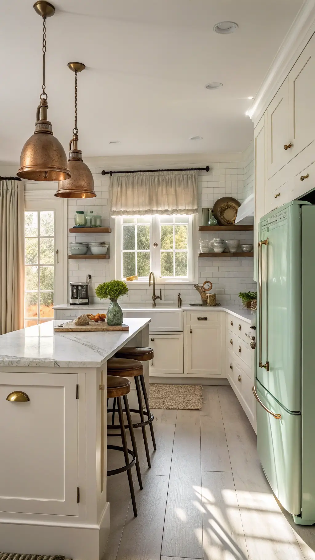 A warmly lit kitchen with cream shaker cabinets, aged brass hardware, and a mint green Smeg refrigerator as the focal point. White marble countertops complement a farmhouse sink, while copper pendant lights hang over a central island with modern barstools. Sunlight filters through cafe curtains, highlighting vintage ceramic canisters and earthenware crocks on open shelves. The space feels inviting and elegantly lived-in.