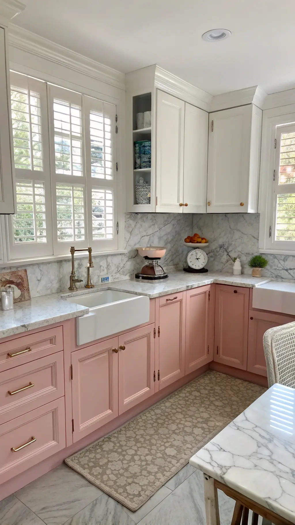 L-shaped 12x14ft kitchen with pastel pink lower cabinets and white uppers, featuring mixed vintage hardware. A modern marble backsplash contrasts with beadboard wainscoting. Restored vintage bread box and scale sit on quartzite counters. Morning light filters through plantation shutters, casting a soft glow over the feminine, vintage-inspired space.
