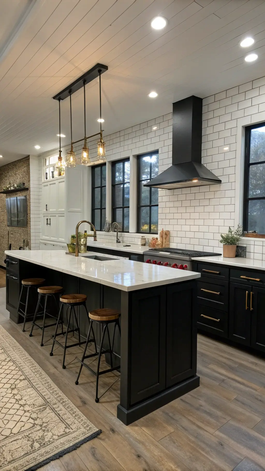 Wide-angle view of a modern 14x16ft kitchen blending industrial and vintage elements. Matte black cabinets with vintage bronze handles contrast against a white subway tile wall. A restored 1950s Chambers range serves as the focal point. A modern waterfall island is paired with vintage-style stools. Factory-style windows cast dramatic evening light.