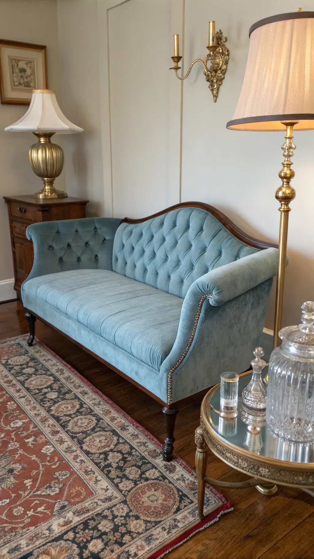 Victorian-style lounge vignette with a dusty blue velvet settee angled in a cozy 10x12ft space. A brass floor lamp with a silk shade casts warm light. A vintage Persian rug in muted tones anchors the setting. An antique brass side table holds crystal decanters and cut-glass vessels. Shot from a corner angle to emphasize depth and layers.