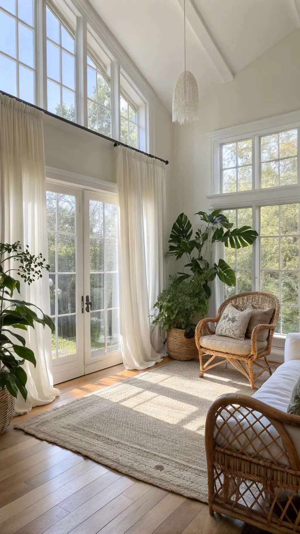 A sunlit living room with large west-facing windows, sheer ivory curtains, and a bleached oak floor. A vintage rattan peacock chair with a cream Turkish throw sits near layered jute and wool rugs. A low linen sofa rests against a wall adorned with cascading macramé hangings. A large Monstera plant reaches toward the filtered golden light.