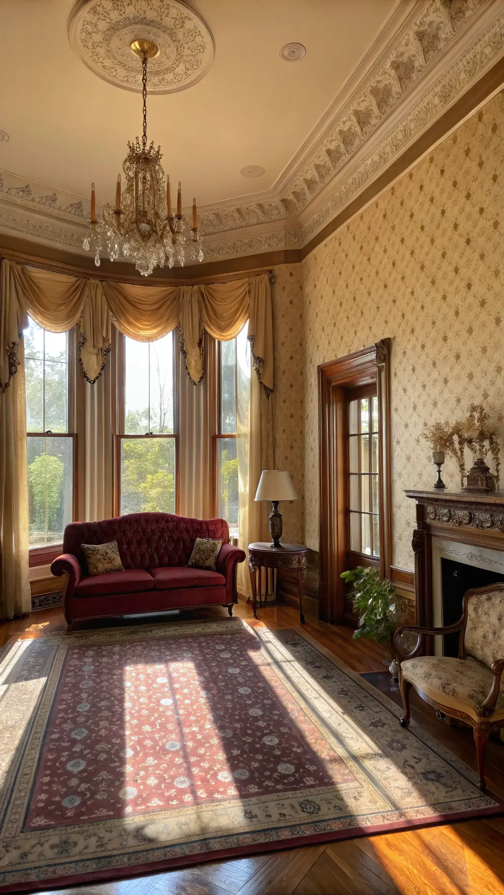 Victorian parlor bathed in golden hour light, featuring a burgundy velvet chesterfield sofa against cream wallpaper with gilt patterns. Floor-to-ceiling windows with damask curtains, an antique Persian rug in muted rust and navy, and ornate crown molding. Brass floor lamp, mahogany side tables with marble tops, and a crystal chandelier add elegance. Warm ambiance with subtle lens flare.