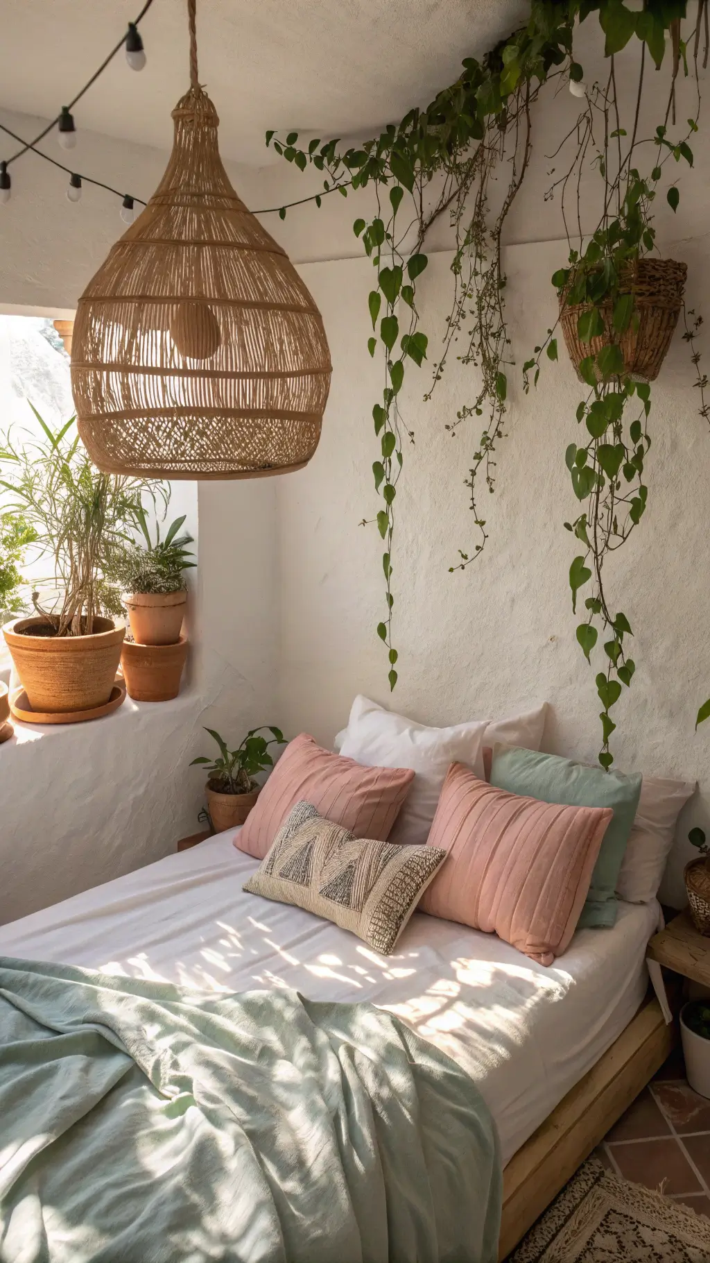 A cozy bedroom corner bathed in morning light, featuring a platform bed with rumpled sage and blush linen bedding, accented by vintage Moroccan pillows. A handwoven bamboo pendant lamp casts intricate shadows on the white-washed walls. A collection of terracotta pots with trailing pothos creates a lush living wall effect.
