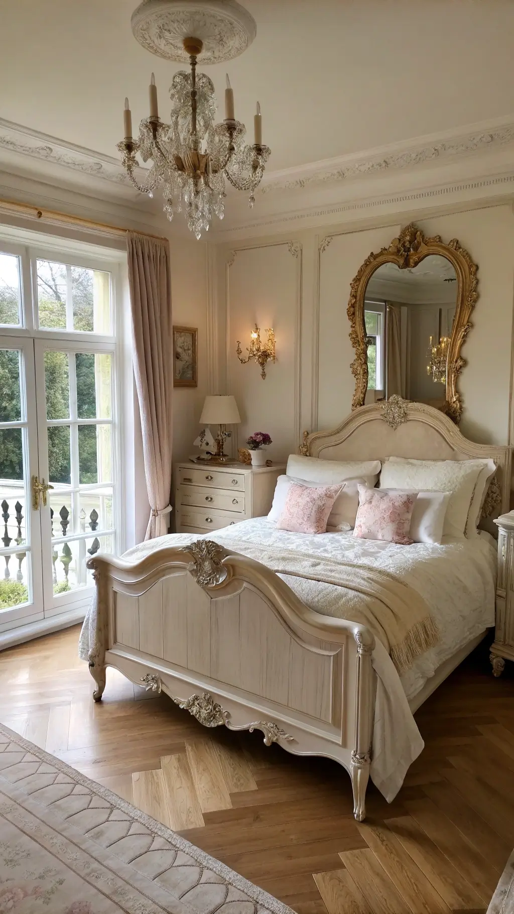 Vintage bedroom at dawn with a French provincial ivory bed, layered linens, and a bay window alcove. Ornate gilded mirror above a carved dresser, brass wall sconces casting soft light. Herringbone hardwood floors with antique runners. Morning light reflects on crystal doorknobs and mirror.