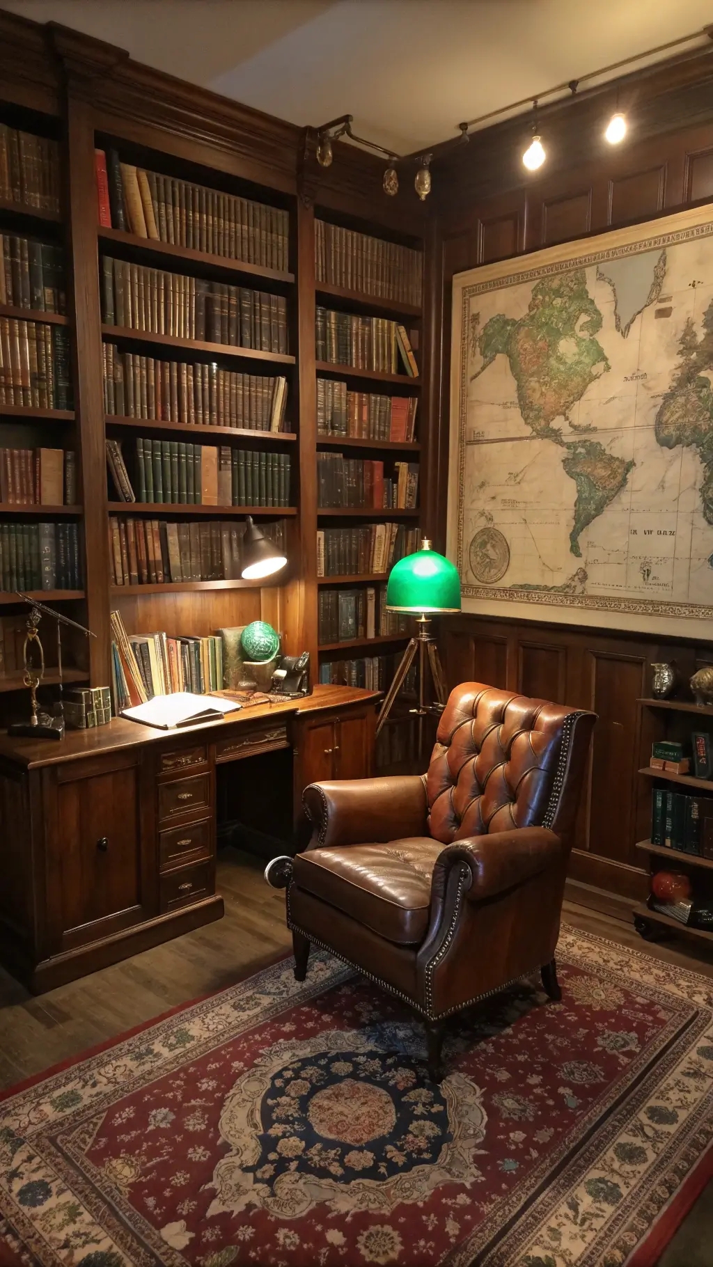 Antique collector's study at dusk, featuring mahogany bookshelves, a cognac leather wingback chair, an oriental desk with a green glass lamp, and vintage maps and scientific instruments on the walls. A Persian carpet in emerald and burgundy covers the floor, with warm lamplight highlighting brass accents and book spines.