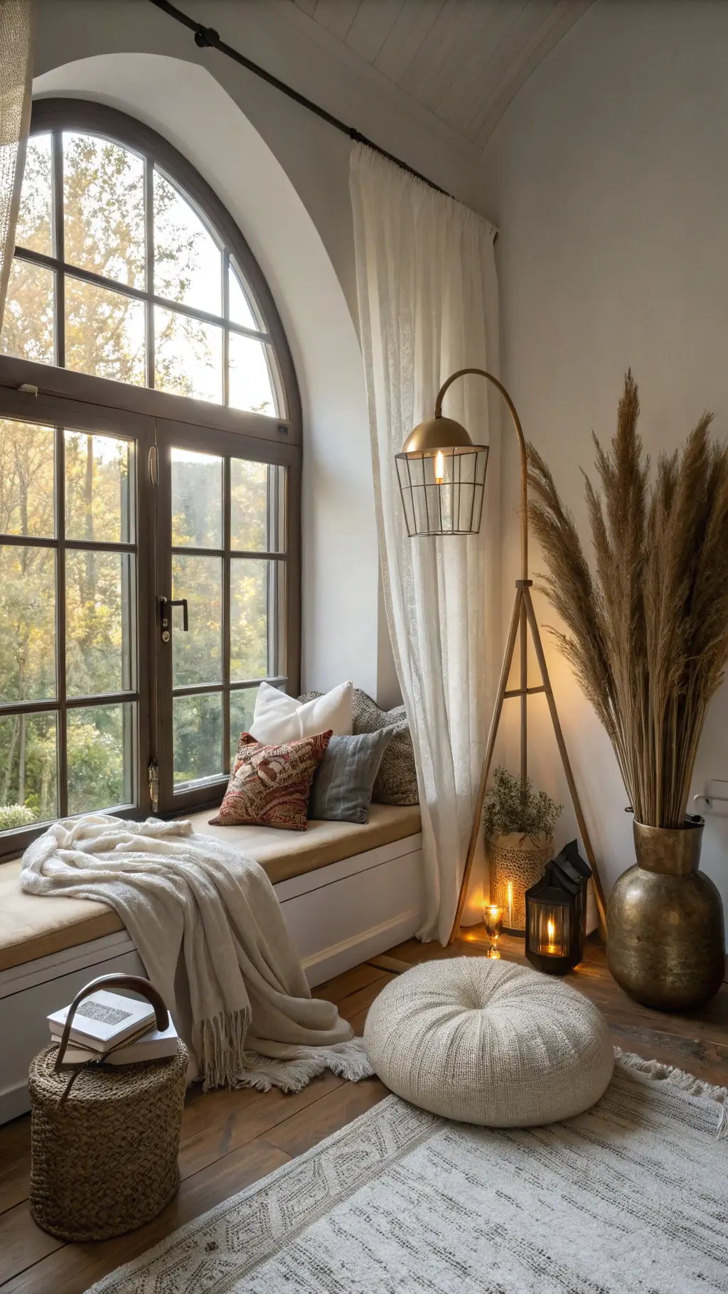 A cozy 10x12ft reading nook with a large arched window draped in gossamer curtains, allowing soft late morning light to filter in. A mix of raw silk, hand-loomed cotton, and aged leather floor cushions are casually arranged. A brass floor lamp casts warm ambient light, while a tall ceramic vase with dried pampas grass adds height. The low camera angle highlights the inviting, lived-in atmosphere.