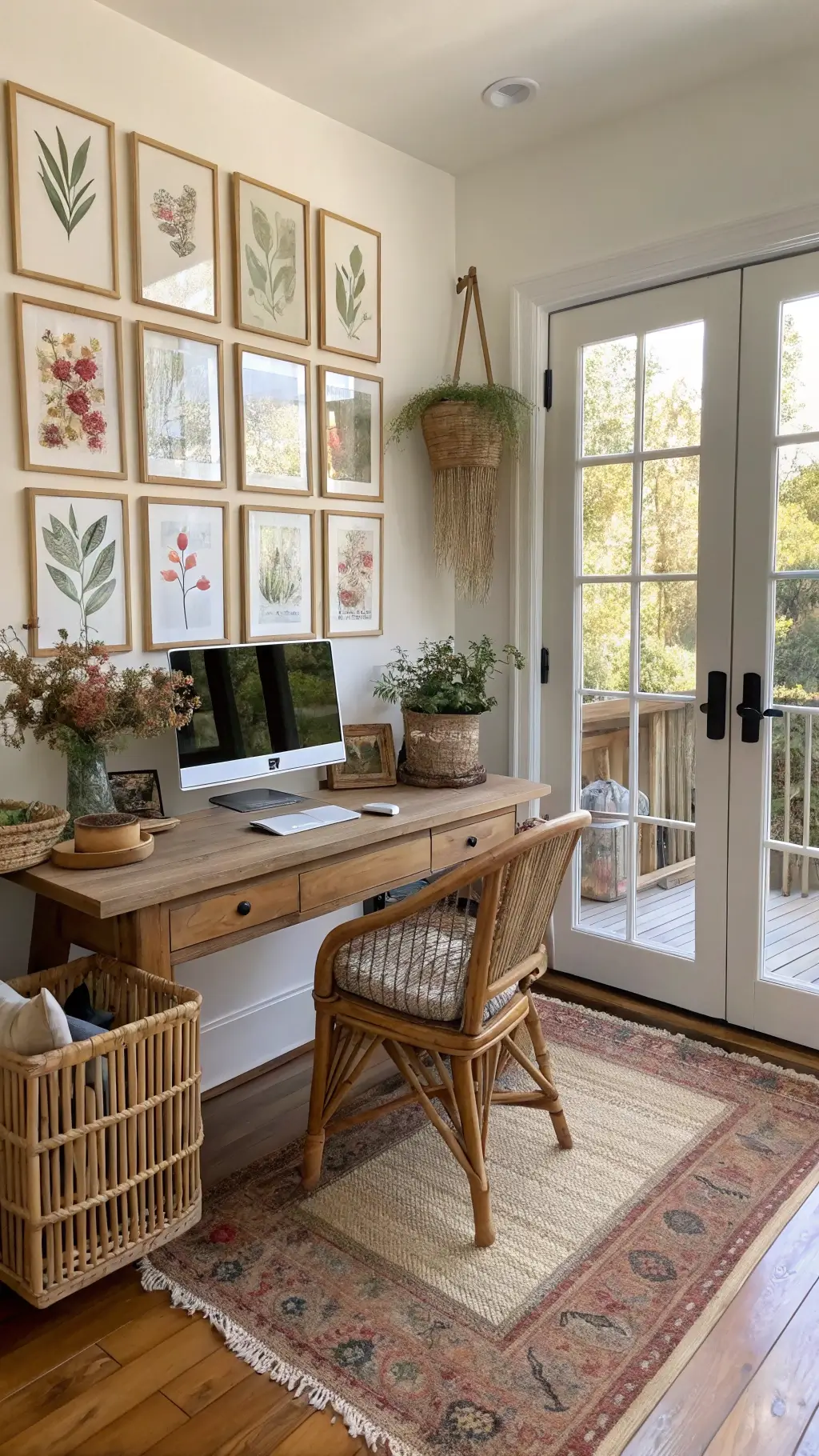 A bright home office with French doors open to a balcony, featuring a reclaimed wood desk under a gallery wall of pressed botanical prints in brass frames. Handwoven baskets hold dried flowers, while a chunky knit throw drapes over a rattan chair atop a vintage Berber rug.
