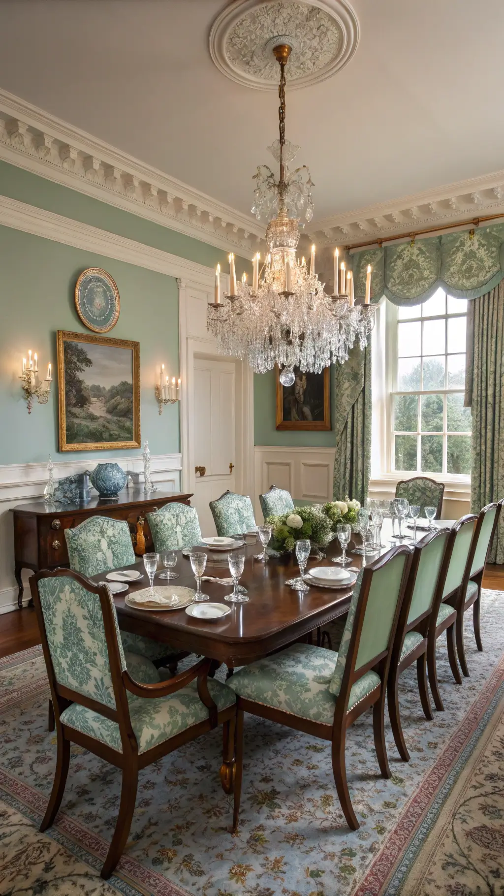 Formal dining room with Victorian mahogany table, shield-back chairs in sage green silk, crystal chandelier, fine linens, silver candelabras, and bone china. Soft cream wainscoting with gilt-framed landscapes. Warm chandelier light contrasts with cool blue hour natural light.