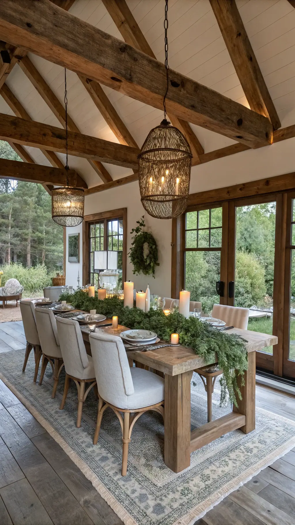 A rustic 14x16ft dining space with exposed wooden beams, a farm table with a eucalyptus and beeswax candle runner, mismatched upholstered chairs, woven pendant lights, and oversized weathered mirrors reflecting garden views.