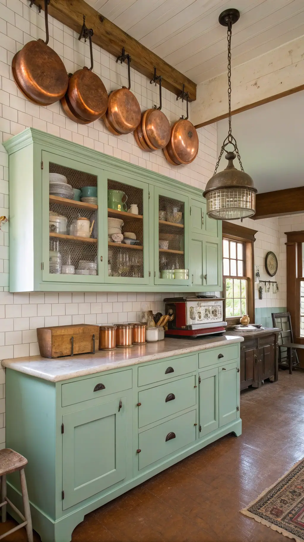 Antique-style kitchen with a restored 1920s Hoosier cabinet, copper pots hanging from a ceiling rack, vintage scales, and enamelware on open shelves. Subway tile backsplash, soapstone counters, and a reclaimed wood island bathed in warm morning light.