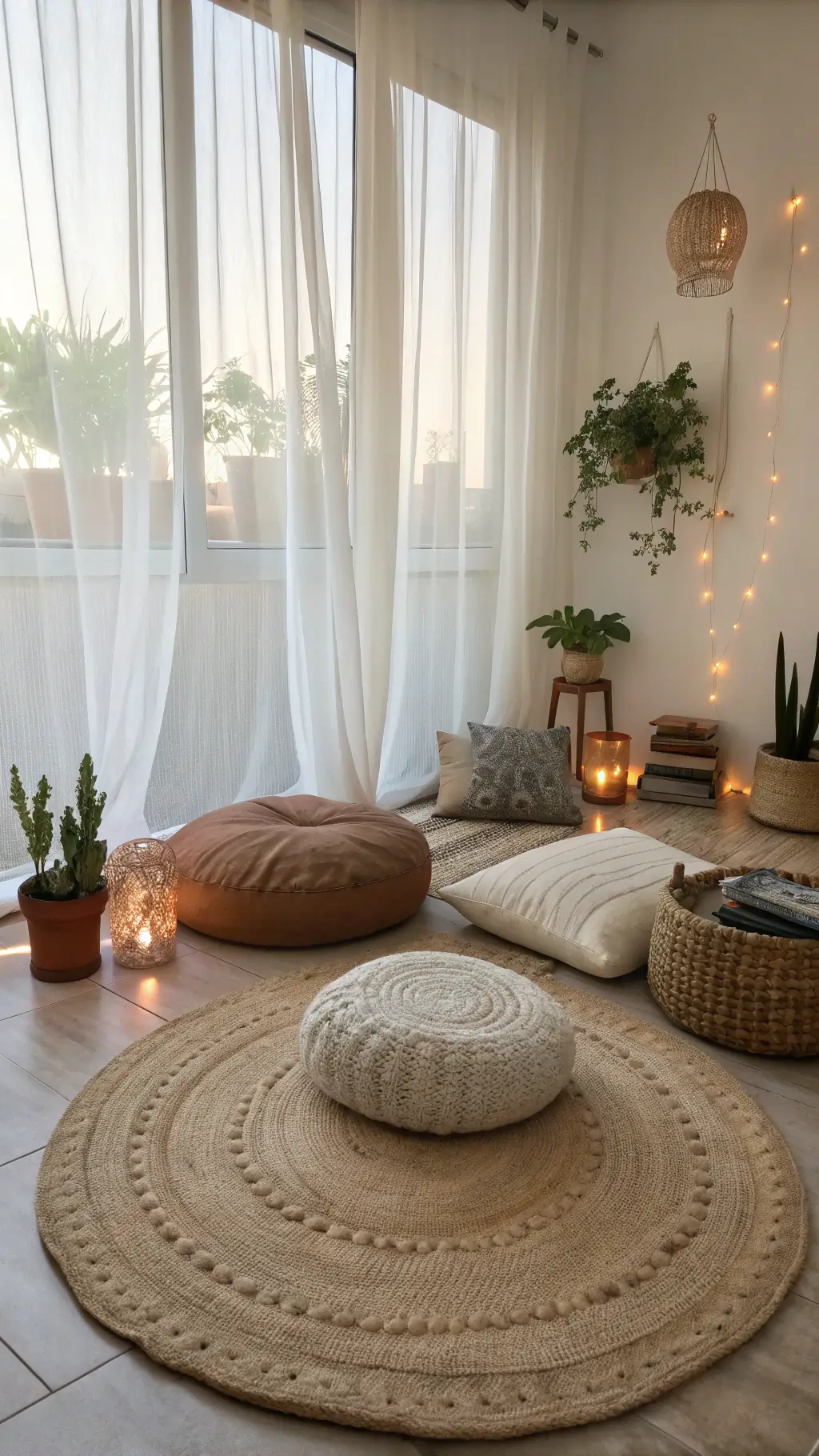 A serene 6x8ft meditation corner bathed in soft eastern morning light. A round jute rug anchors earth-toned floor pillows and meditation cushions. Sheer white curtains billow gently. Crystal clusters sparkle, potted succulents sit on copper stands, and a Himalayan salt lamp adds warm ambiance. Low-angle view enhances tranquility.