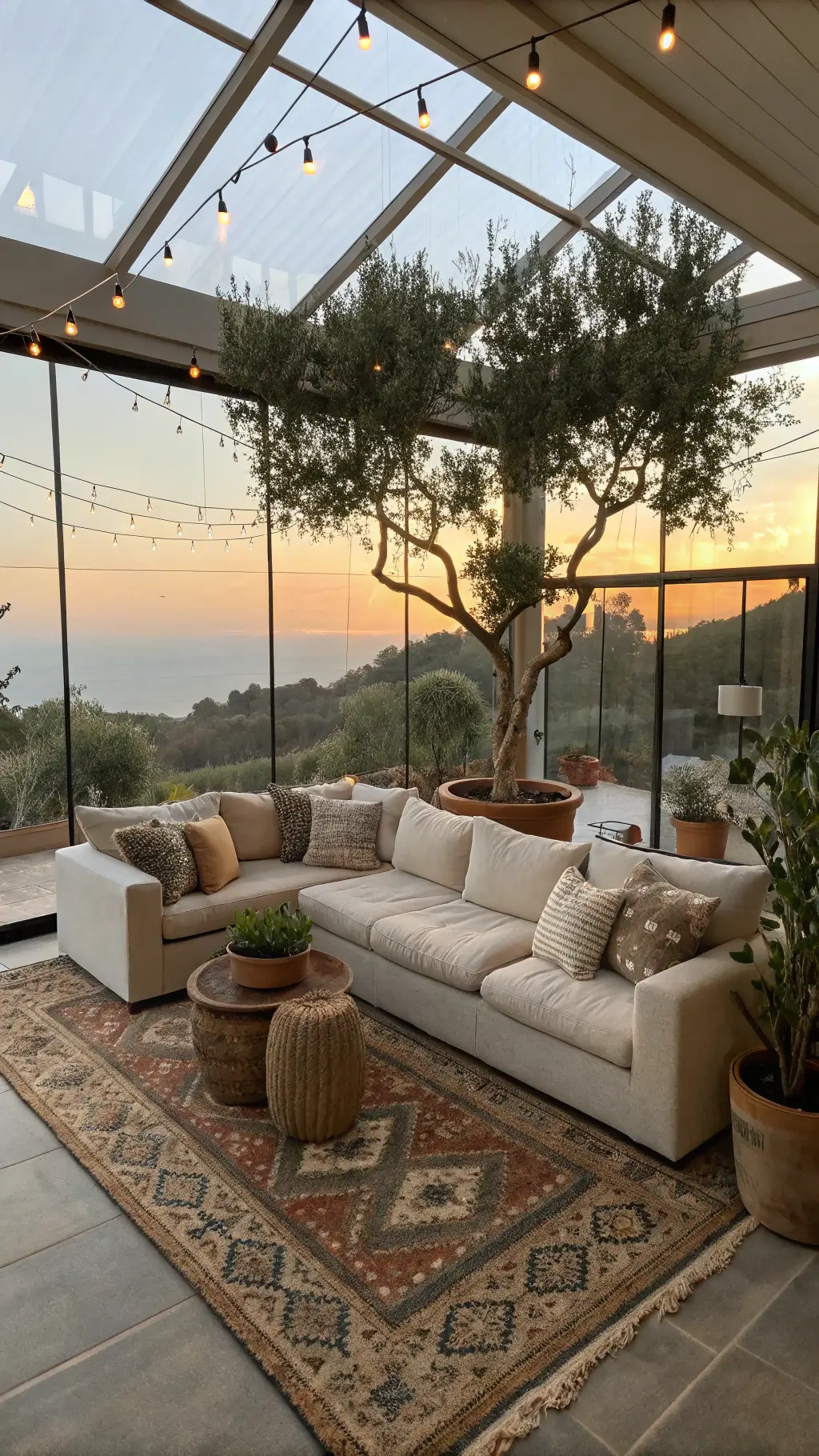 A sunlit 20x15ft open-concept living space at golden hour, featuring a natural linen sectional, floor-to-ceiling windows, and a canopy of string lights. Olive trees in clay pots and wall-mounted staghorn ferns add greenery. A vintage kilim rug layers over seagrass matting. Shot from above to show the full layout.