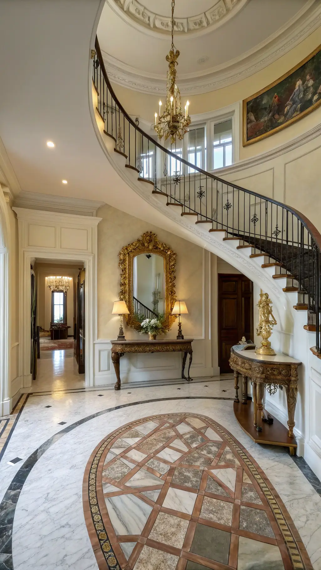 Grand foyer with 15ft ceiling, curved staircase, oversized gilt mirror, burled wood console, Victorian hall tree, brass umbrella stand, and marble floor with intricate mosaic, viewed from second-floor landing.