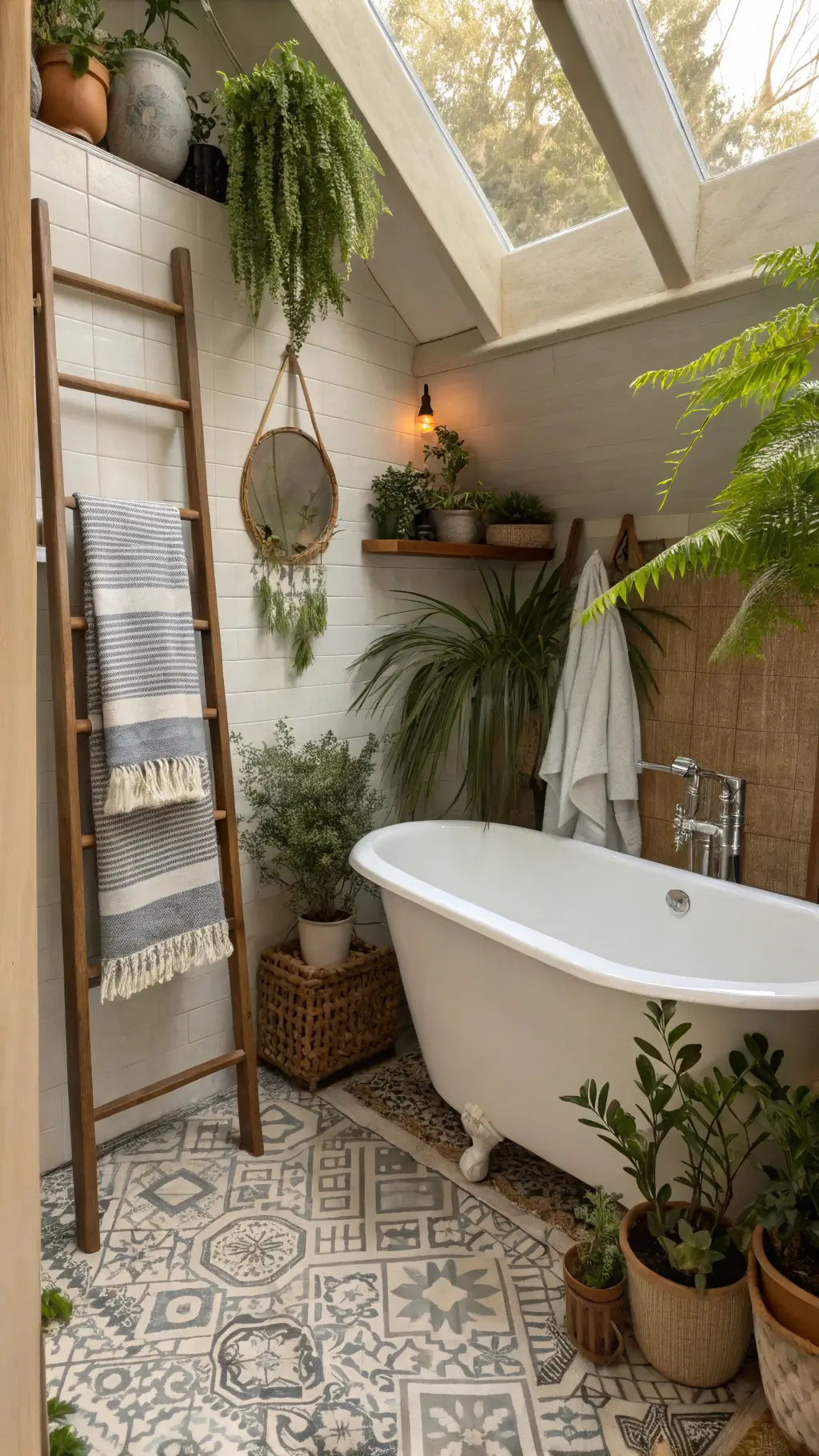 A bohemian bathroom oasis with a skylight, featuring a central clawfoot tub surrounded by lush potted ferns and eucalyptus. A bamboo ladder holds striped Turkish towels, while handmade ceramic accessories rest on a floating wooden shelf. Moroccan tiles add intricate patterns to the floor. The scene is framed through a doorway, enhancing the spa-like ambiance.