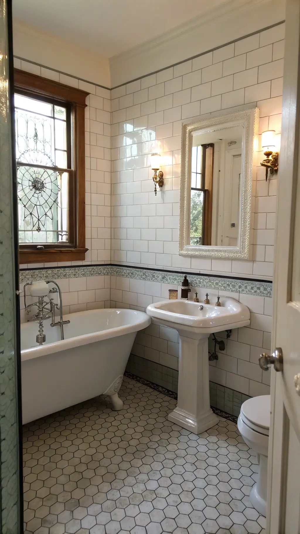 1920s-style vintage bathroom with a clawfoot tub, pedestal sink, hexagonal floor tiles, and white subway tile walls. Nickel fixtures with porcelain handles, a beveled mirror medicine cabinet, and crystal sconces. Early morning light filters through a frosted glass window, highlighting classic symmetry.