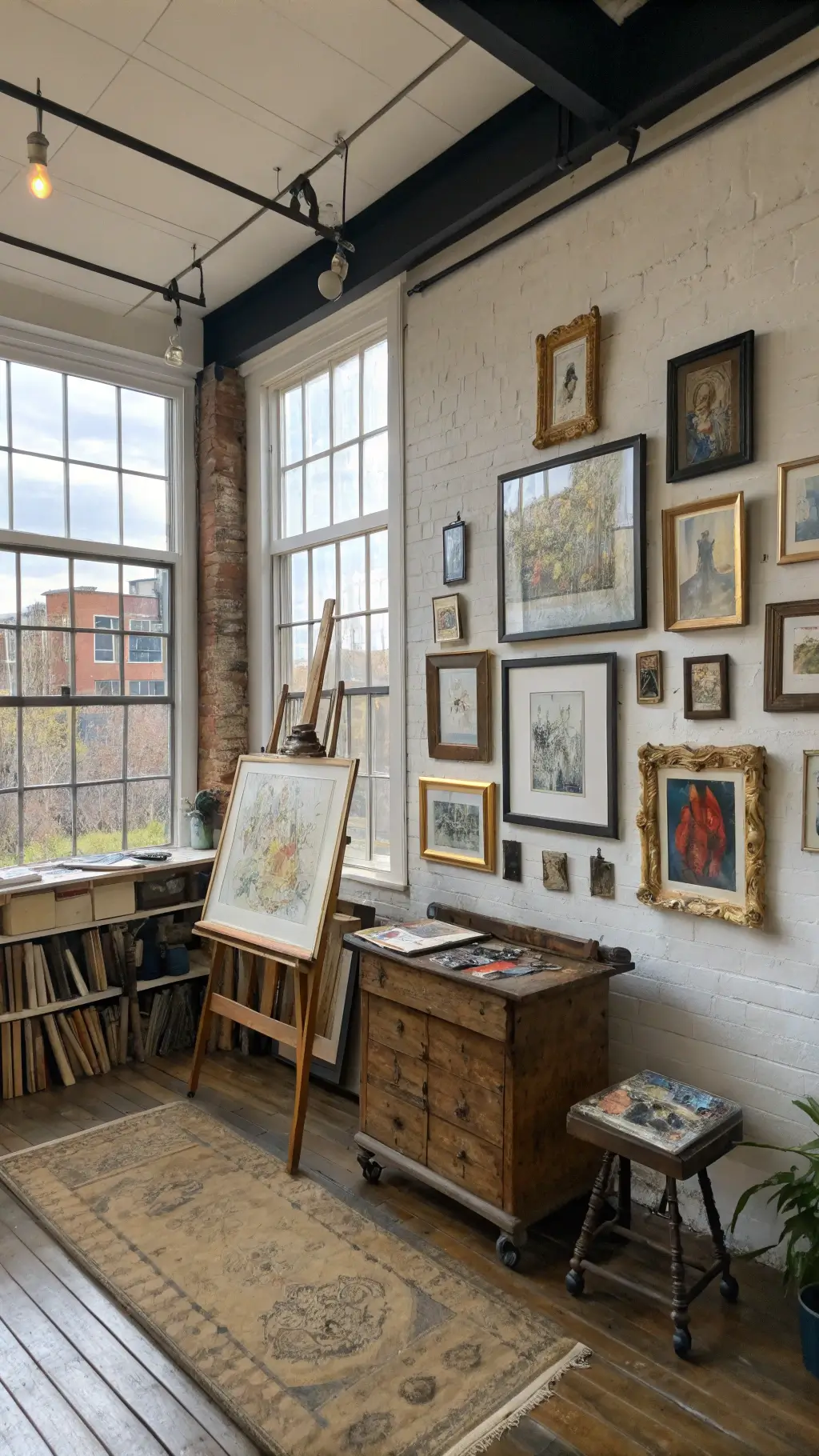 Artist's sitting room with vintage easel, painter's cart, and antique drafting table displaying art materials. Large industrial windows illuminate a gallery wall with gold and wood-toned frames, highlighting canvas textures and weathered wood in a creatively styled space.