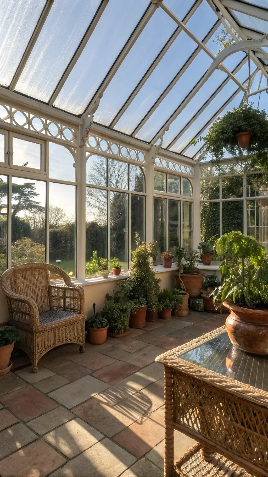 Victorian-style glass conservatory with wrought iron framework, vintage rattan furniture, and terra cotta pots filled with trailing plants. Brass plant misters sit on a distressed potting table. Afternoon sunlight casts geometric shadows through the glass panels, highlighting the lush greenery.