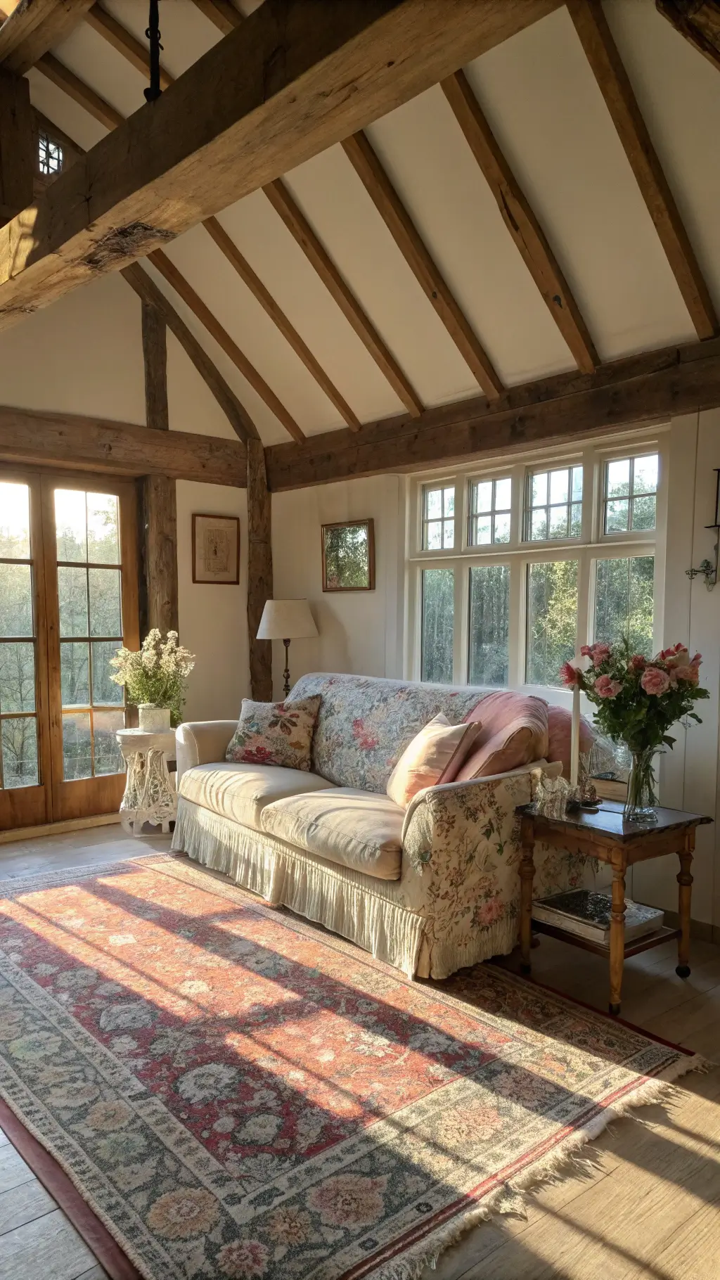 Sunlit cottage living room with exposed wooden beams, vintage floral sofa, and layered Persian rugs in muted roses and blues. Early morning light streams through floor-to-ceiling windows, casting long shadows. White ceramic vases with fresh peonies and lavender sit on weathered wooden side tables. Chunky knit throws in soft blush draped casually. Warm, ethereal atmosphere captures cozy charm.