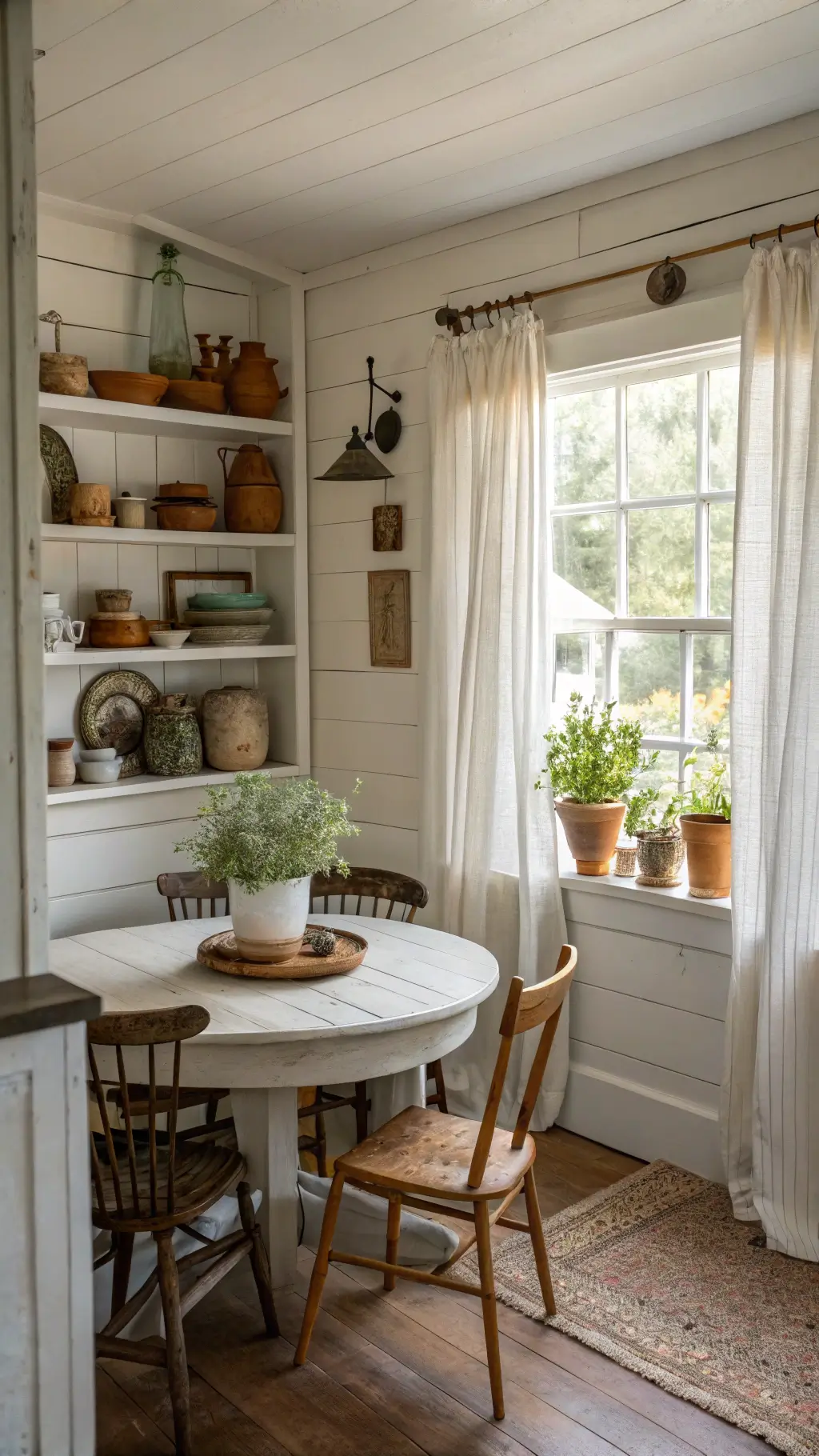 Cozy cottage kitchen nook with white shiplap walls, bathed in warm afternoon light. A round distressed white oak farmhouse table is surrounded by an eclectic mix of vintage chairs. Open shelving displays earthenware pottery and vintage mason jars. Potted herbs in terracotta sit on the windowsill, filtering sunlight through natural linen cafe curtains. The scene feels inviting and well-loved, with soft shadows adding depth.