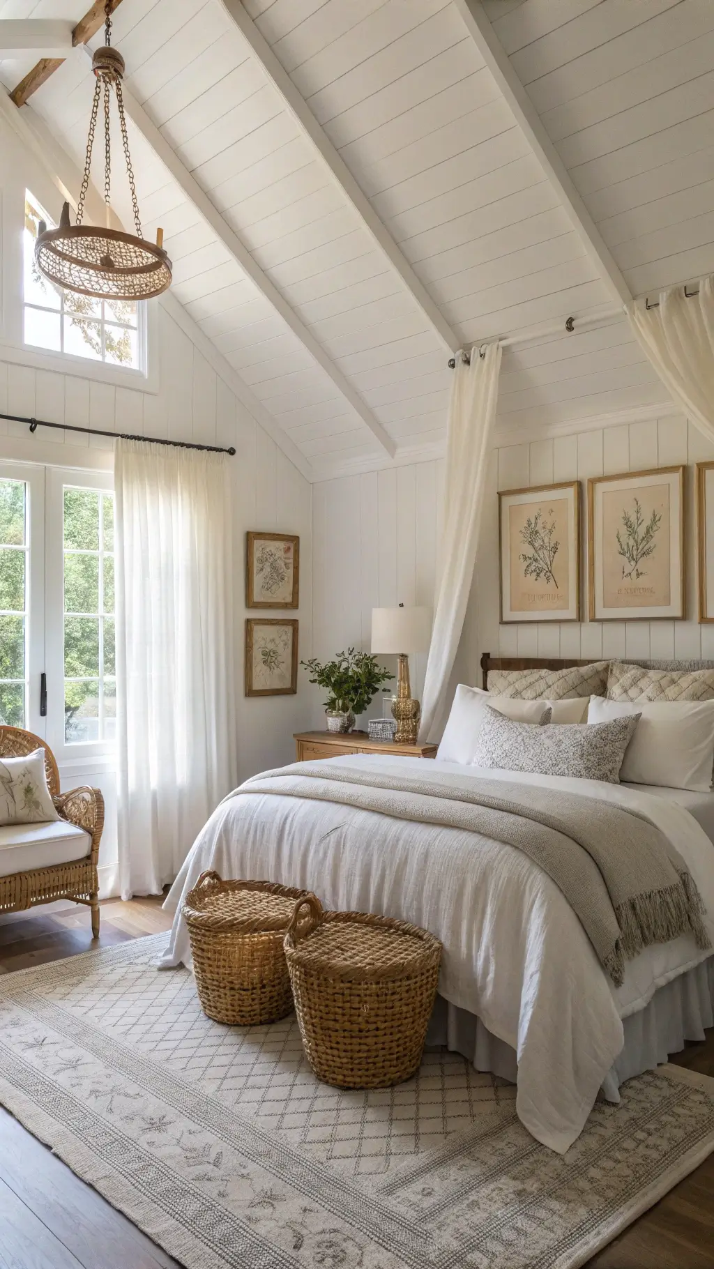 Spring-inspired bedroom with a vaulted ceiling, soft dawn light filtering through gauzy white curtains. A king bed with layered white and lavender linens is centered beneath vintage botanical prints in gilded frames. A whitewashed wall displays a woven basket collection. In the corner, an overstuffed chair forms a cozy reading nook. The scene has a dreamy, romantic atmosphere with a soft-focus foreground and a morning mist quality.
