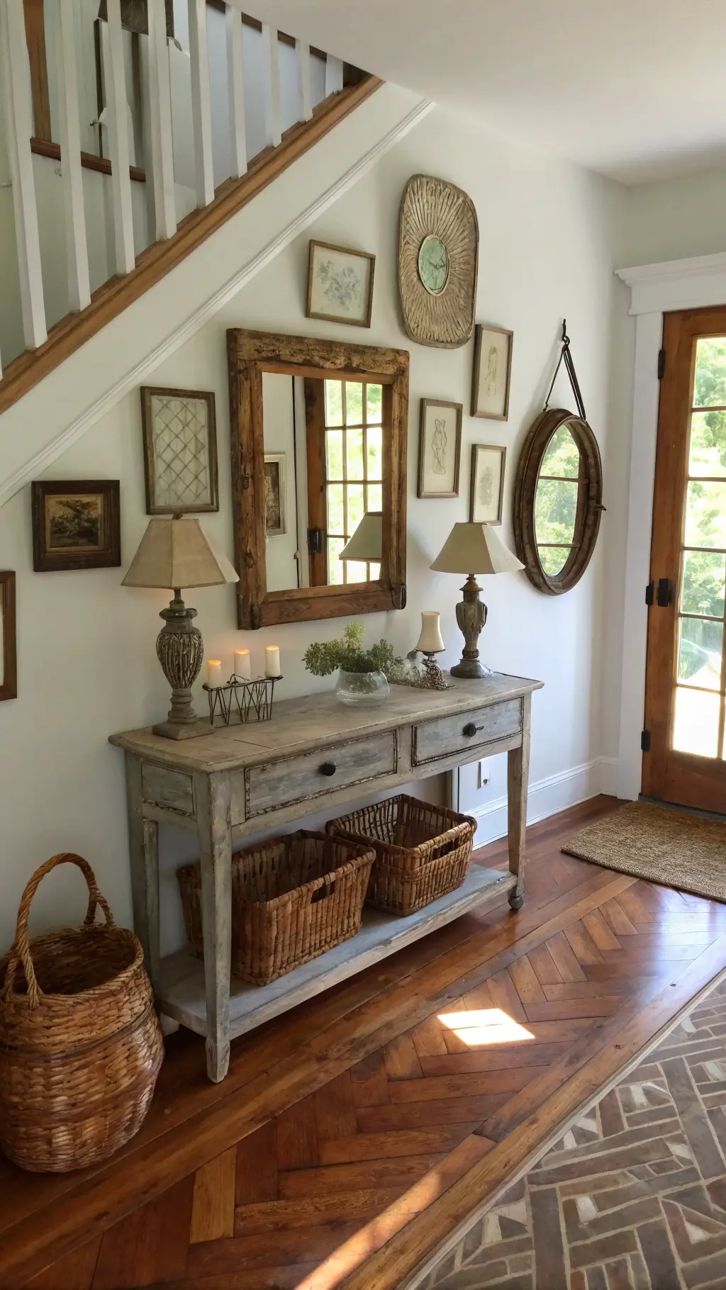 Cottage entryway with original hardwood floors illuminated by mid-morning light from a transom window. A vintage weathered grey console table holds mixed-height candlesticks. A gallery wall of antique mirrors reflects natural light, enhancing warmth. Woven market baskets hang as wall art. Overhead angle captures the floor pattern, creating a fresh and welcoming atmosphere.