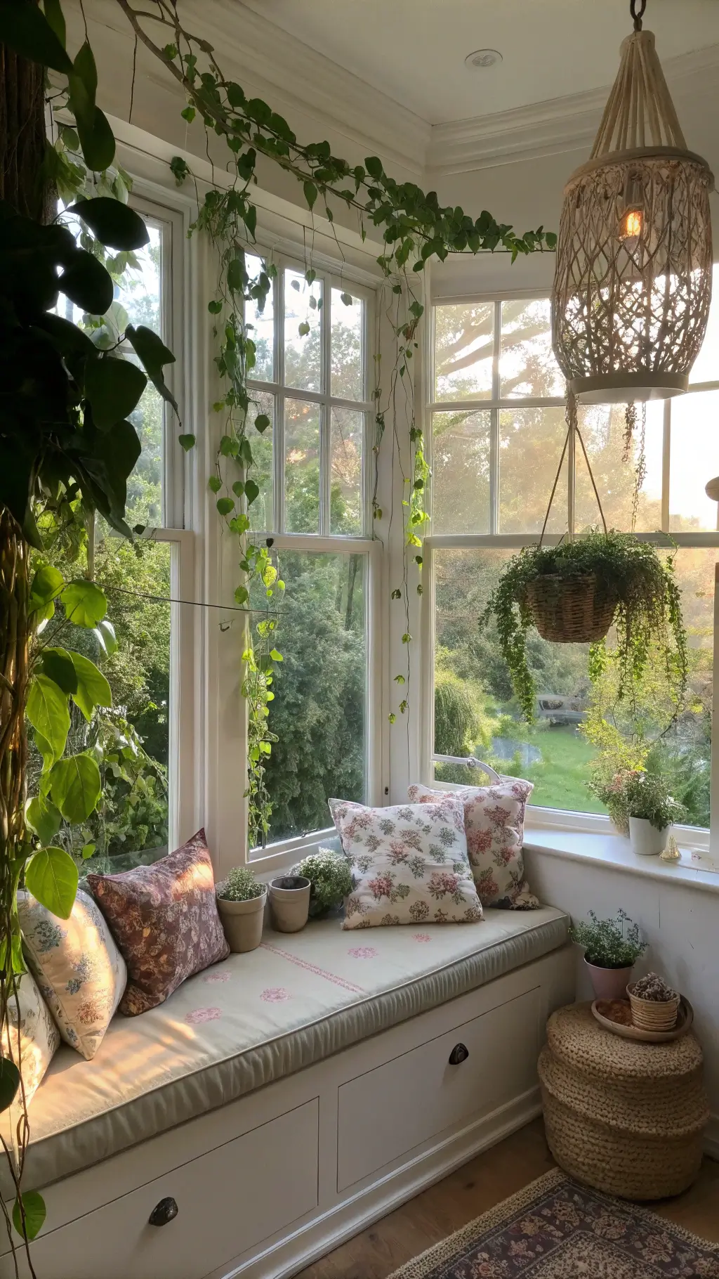 Cozy garden-view breakfast nook with a built-in cushioned window seat, pastel throw pillows, and hanging macrame plants. Sunlight filters through climbing vines outside a large bay window, casting a soft, dappled glow over the whimsical space.