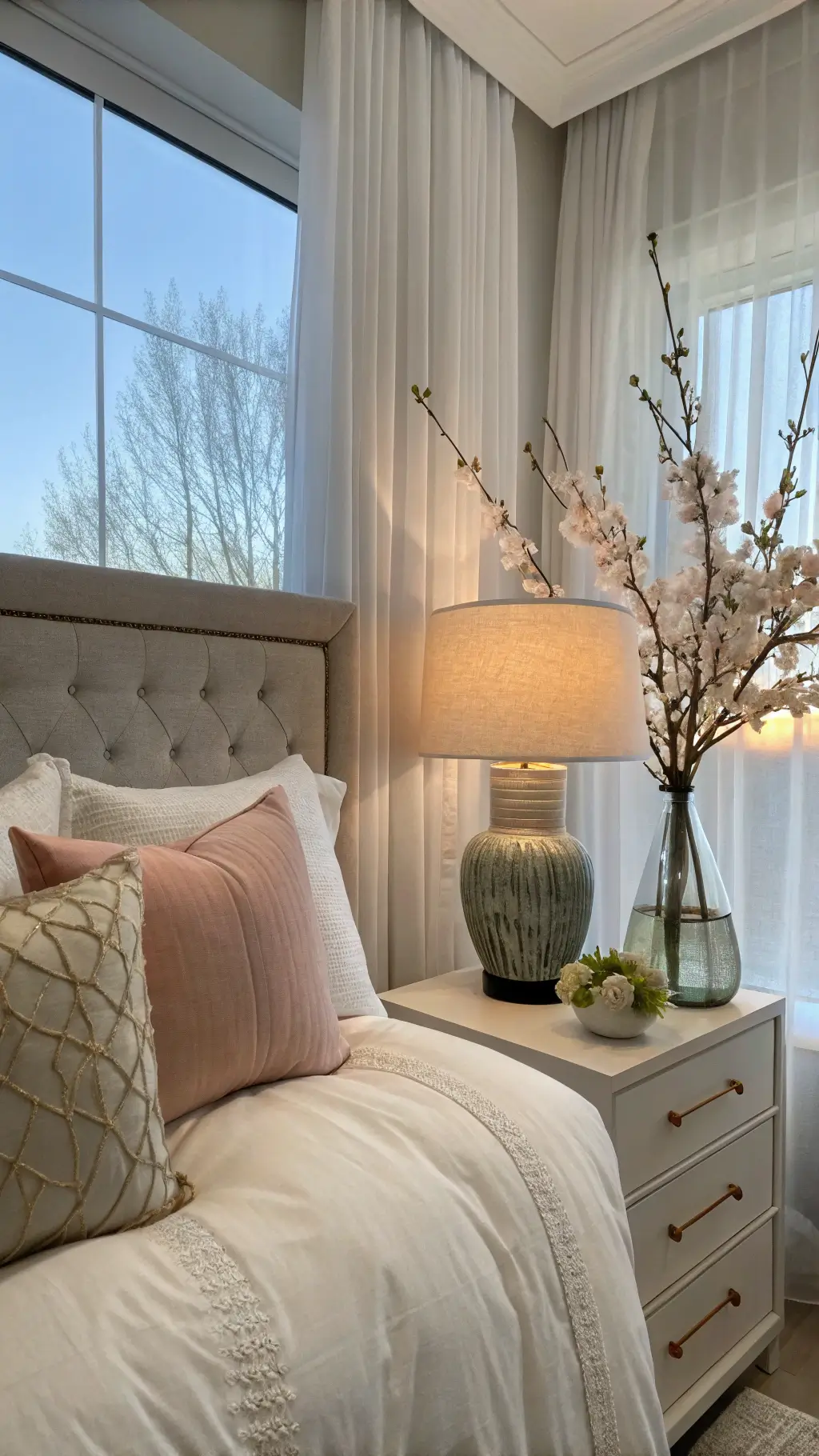 Master bedroom during blue hour with a low-angle view of a serene bedside scene. Crisp white linens and plush pillows in sage and blush tones. A bedside table holds a ceramic lamp with a linen shade and a delicate bud vase with a flowering branch. Soft light filters through sheer curtains.