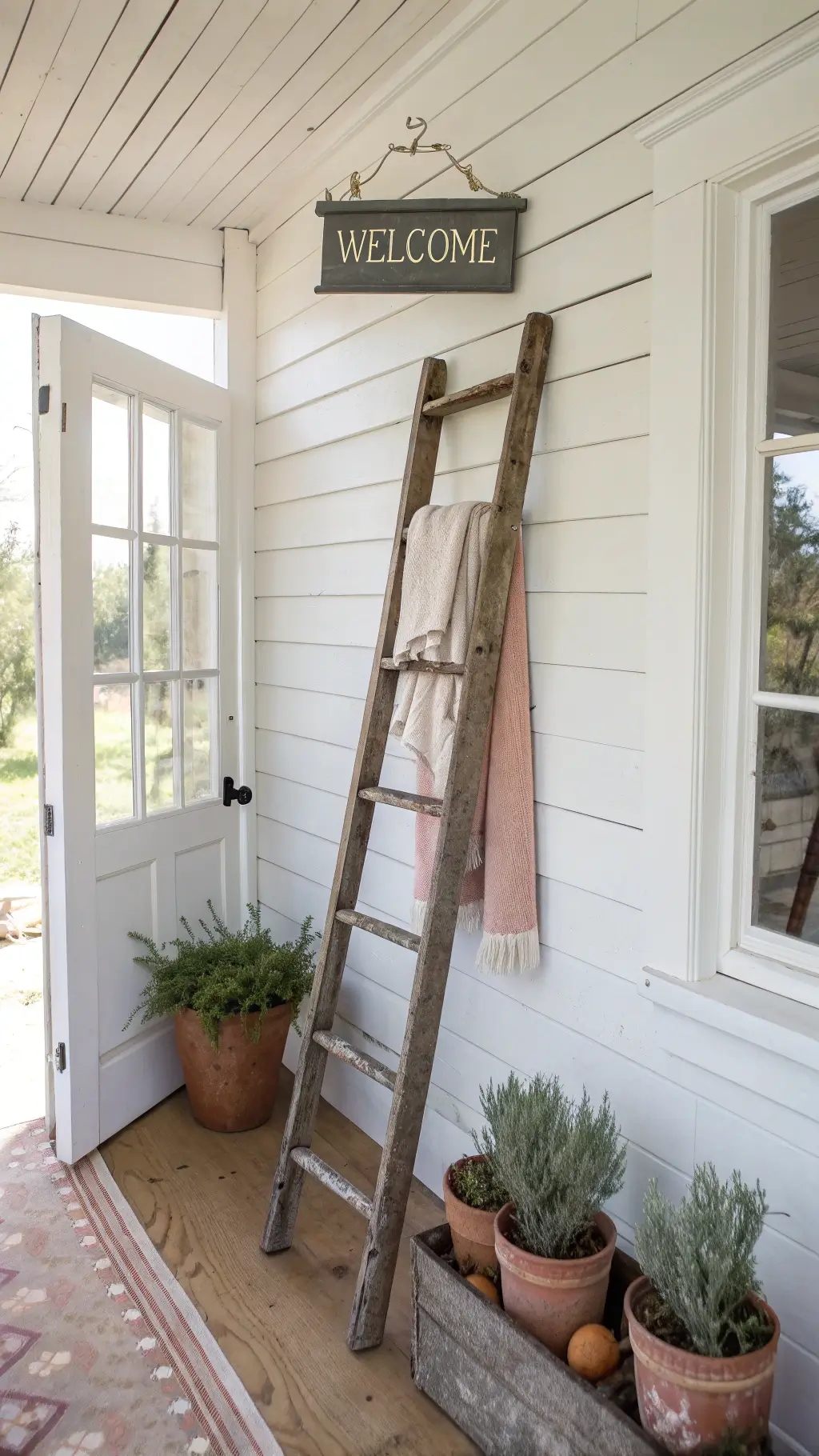 Farmhouse entryway with a weathered wooden ladder against whitewashed shiplap walls, draped in pastel linen throws. Morning light streams through a windowpane door, highlighting a boot tray with terracotta pots of rosemary and thyme. A hand-lettered welcome sign hangs above, adding charm to the rustic space.
