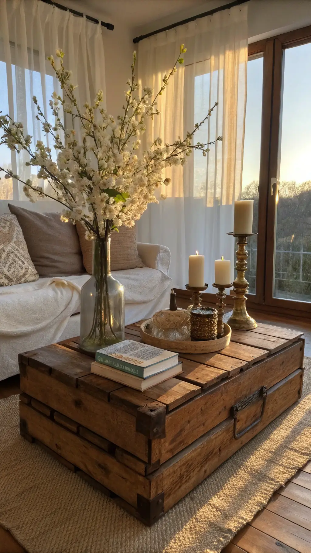 Rustic living room during golden hour with a wooden crate coffee table decorated with vintage brass candlesticks, weathered books, and a glass vase of white cherry blossoms. Sunlight filters through sheer linen curtains, casting warm shadows on a jute rug. A cream slipcovered sofa with natural fiber pillows sits in the background.