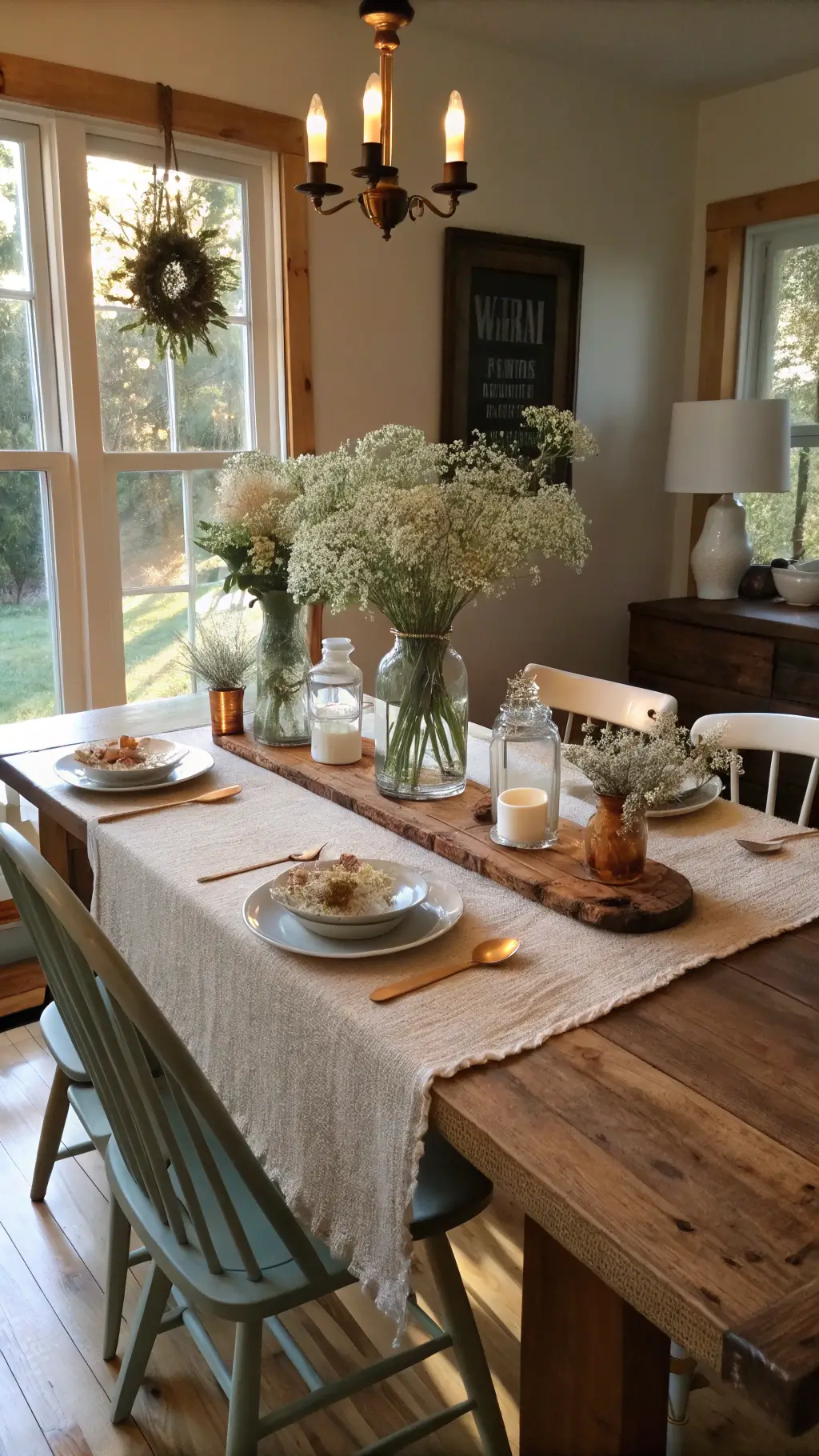 Intimate dining nook with a 6ft farmhouse table set for a cozy meal. A burlap runner holds mason jars filled with wild daisies and Queen Anne's lace. Vintage ironstone and modern stoneware plates mix, accented by copper details. Natural afternoon light from the left casts soft shadows.