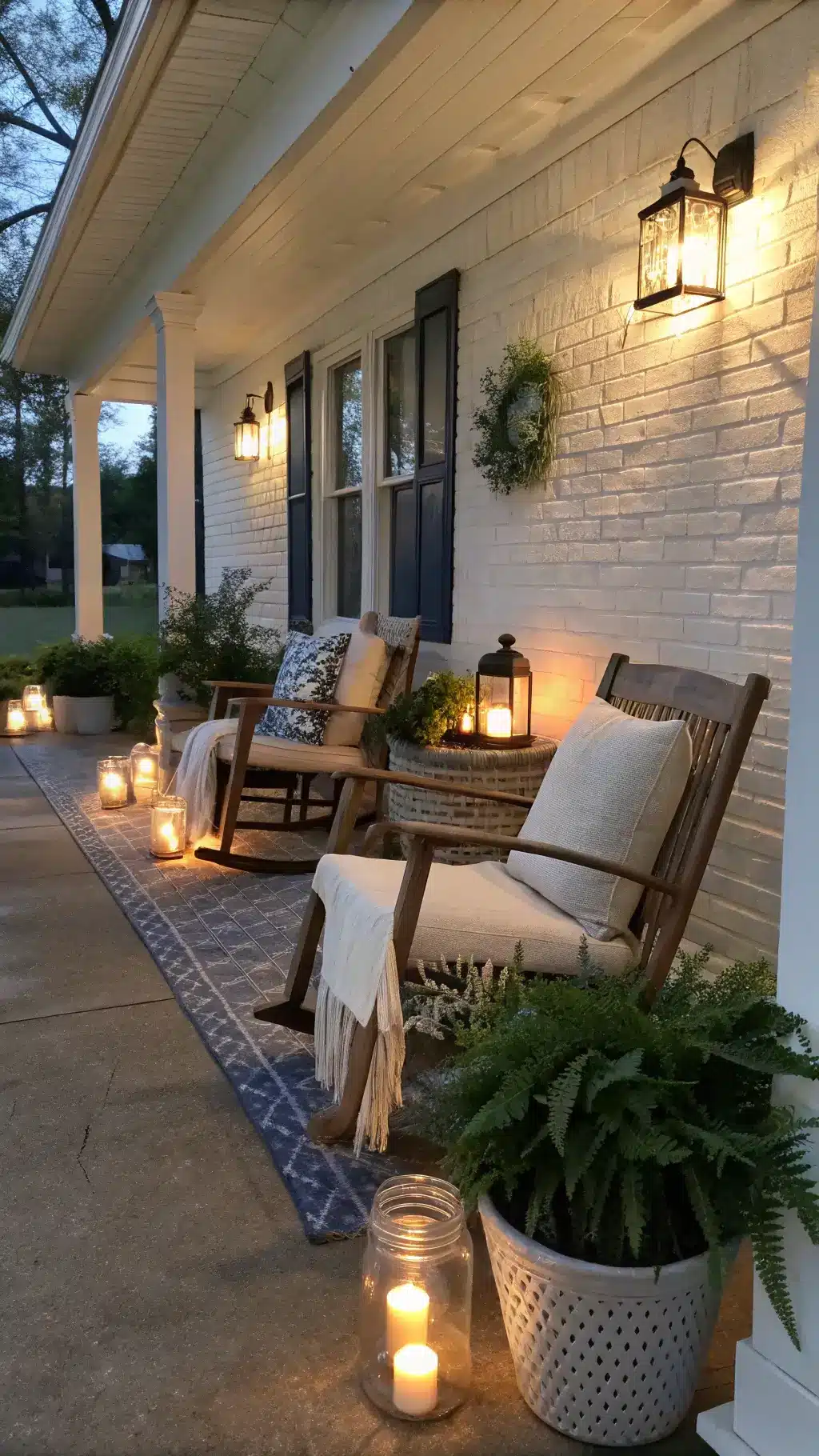 Covered porch seating area at dusk with whitewashed brick backdrop, vintage rocking chairs with neutral cushions and textured throws, mason jar lanterns with battery candles providing warm ambient lighting, and galvanized planters filled with ferns and spring blooms. Corner angle shot capturing depth with blue hour lighting and warm accents.