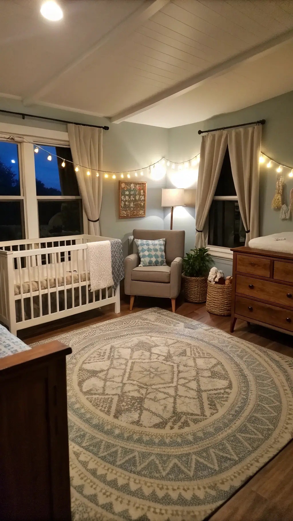 Corner-perspective view of a nursery at dusk, showcasing furniture arrangement with a vintage-inspired wool rug. Soft artificial lighting highlights the crib, glider, and changing station, ensuring a practical and harmonious layout with clear pathways.